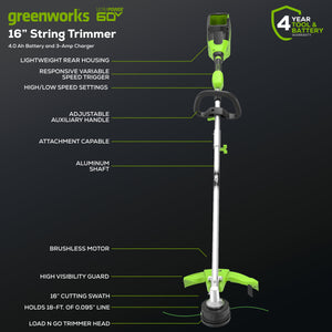 Greenworks 60V 16" Top Mount String Trimmer with 4.0 Ah Battery and 3A Charger 2134202 - image 2 of 6
