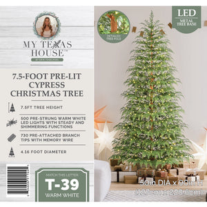 My Texas House 7.5' Pre-Lit Cypress Green Artificial Christmas Tree with 500 Warm White Twinkle LED - image 5 of 6
