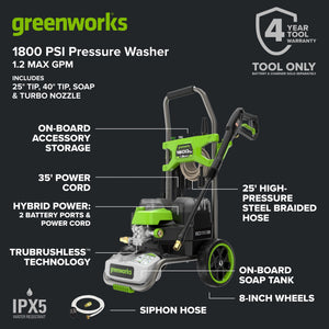 Greenworks Hybrid 60V 1800 PSI at 1.2 GPM Electric Cold Water Pressure Washer 5109402T - image 3 of 6