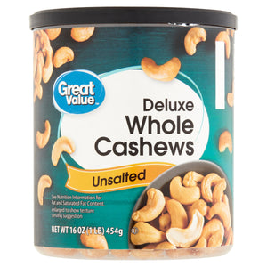 Great Value Deluxe Whole Cashews, Unsalted, 16 oz — grocery product