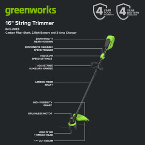 Greenworks 60V 16" Carbon Fiber Shaft String Trimmer with (1) 2.5 Ah Battery & 3A Charger 2136502 - image 3 of 6