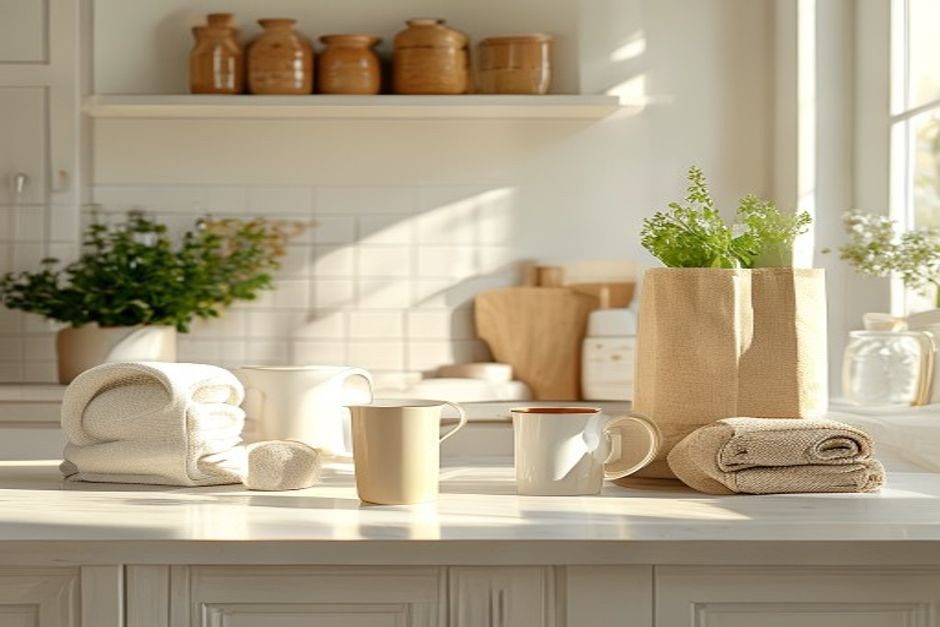 Sunlit kitchen counter with folded towels, ceramic mugs and a paper grocery bag of fresh herbs