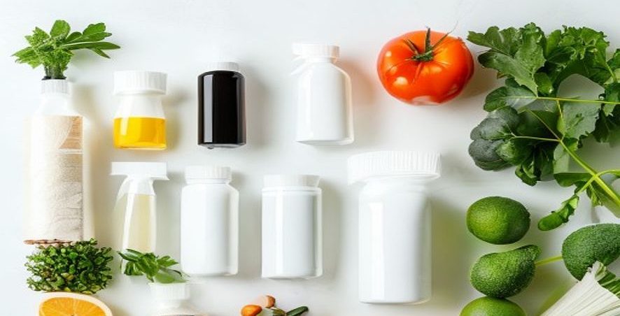 Flat lay of white supplement and cleaning bottles with fresh vegetables and herbs