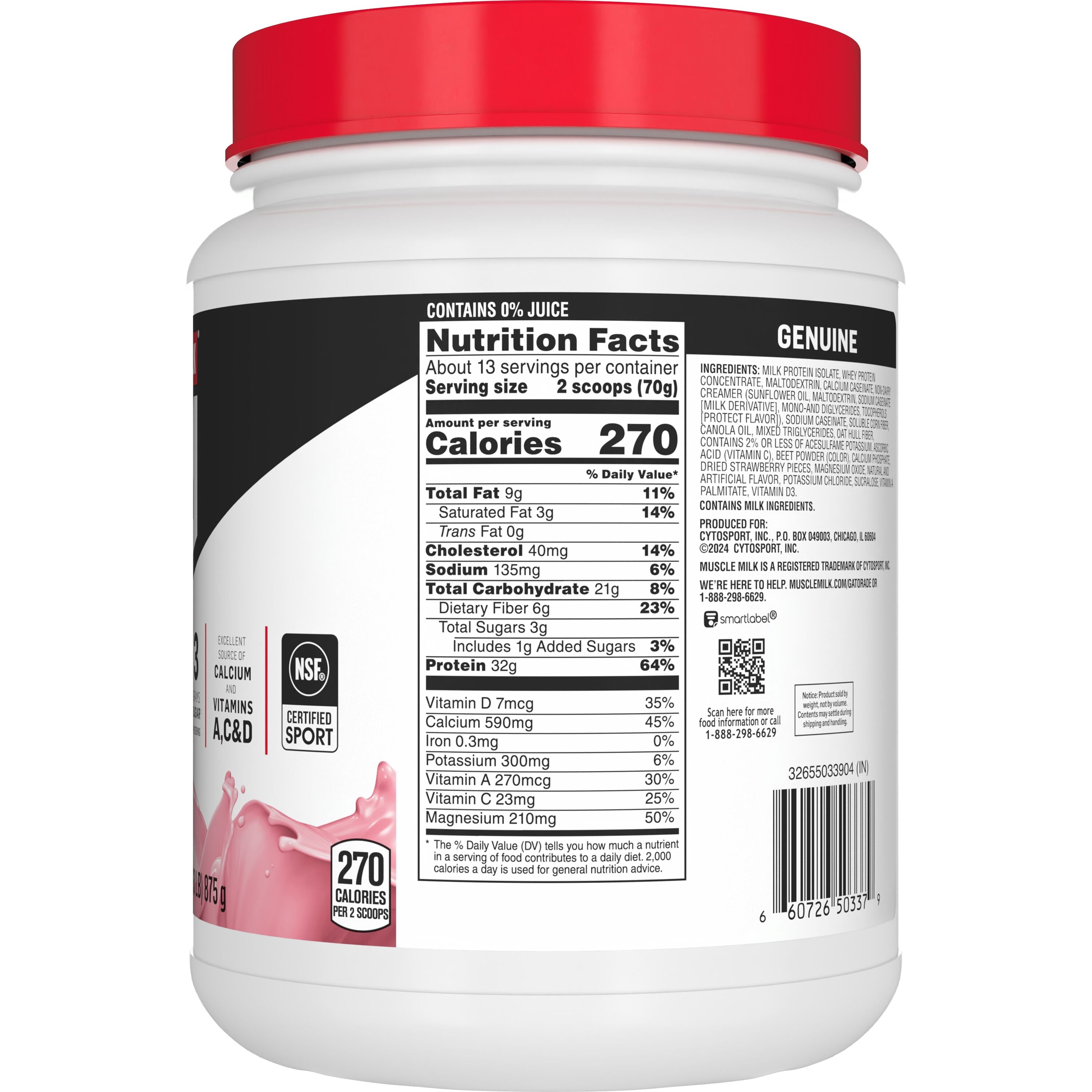 Muscle Milk Genuine Protein Powder, Strawberries 'N Crème, 32g Protein, 1.93lb, 30.9oz — sports nutrition product, view 3