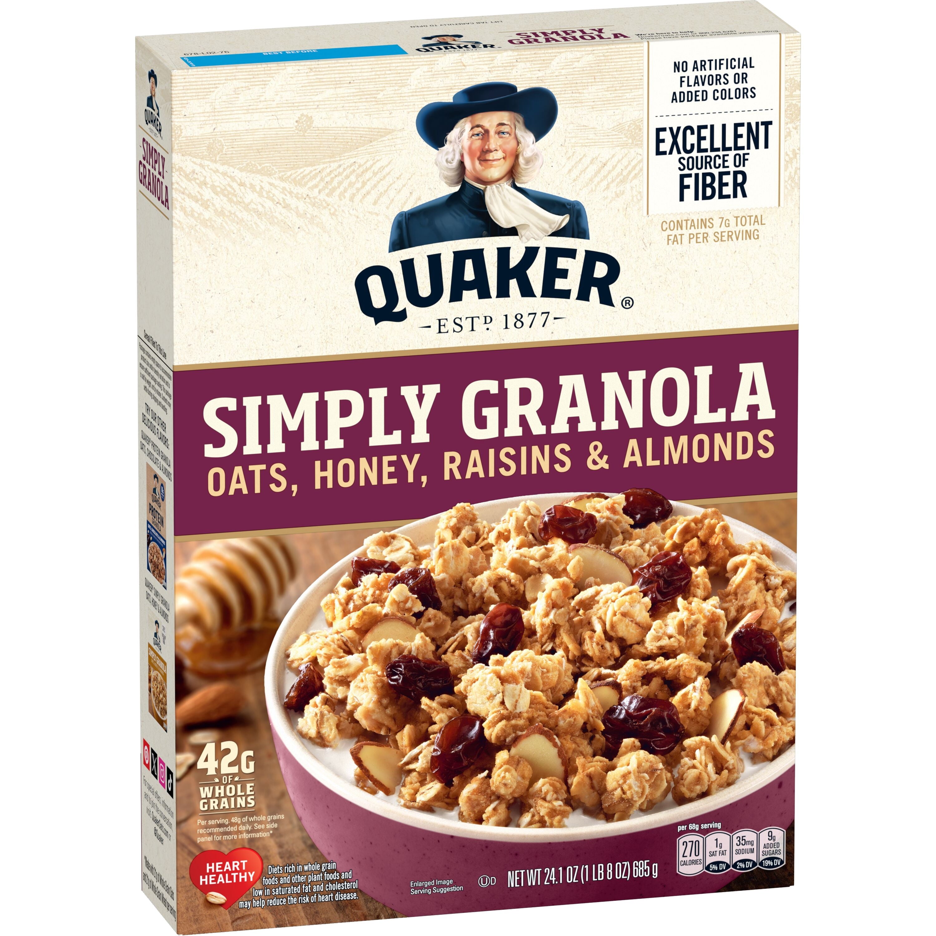 Quaker Simply Granola Breakfast Cereal, Oats Honey Raisins & Almonds, 24.1 oz Box — grocery product, view 2
