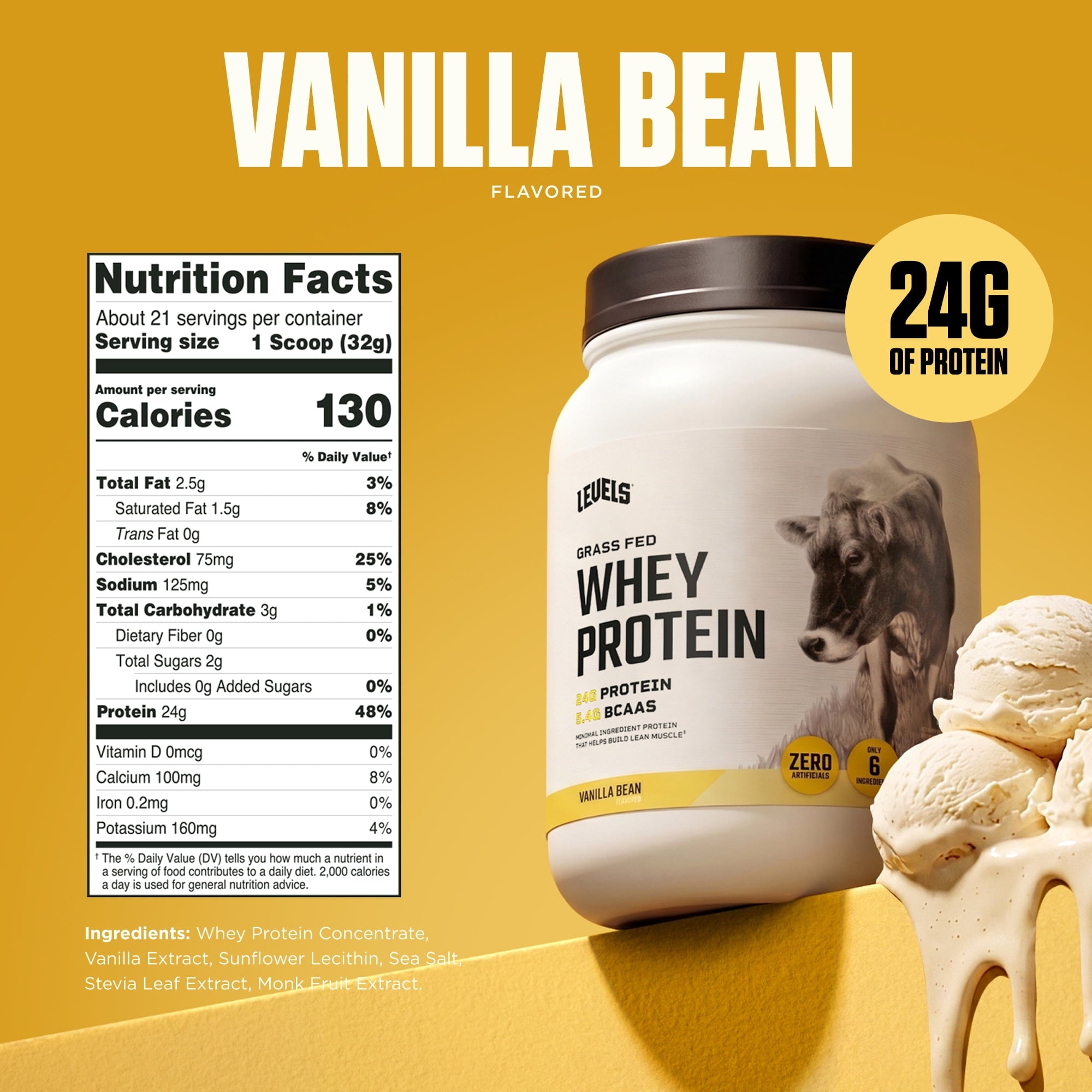 Levels Grass Fed Whey Protein Powder, No Artificials, 24G of Protein, Vanilla Bean, 1.48LB — sports nutrition product, view 3