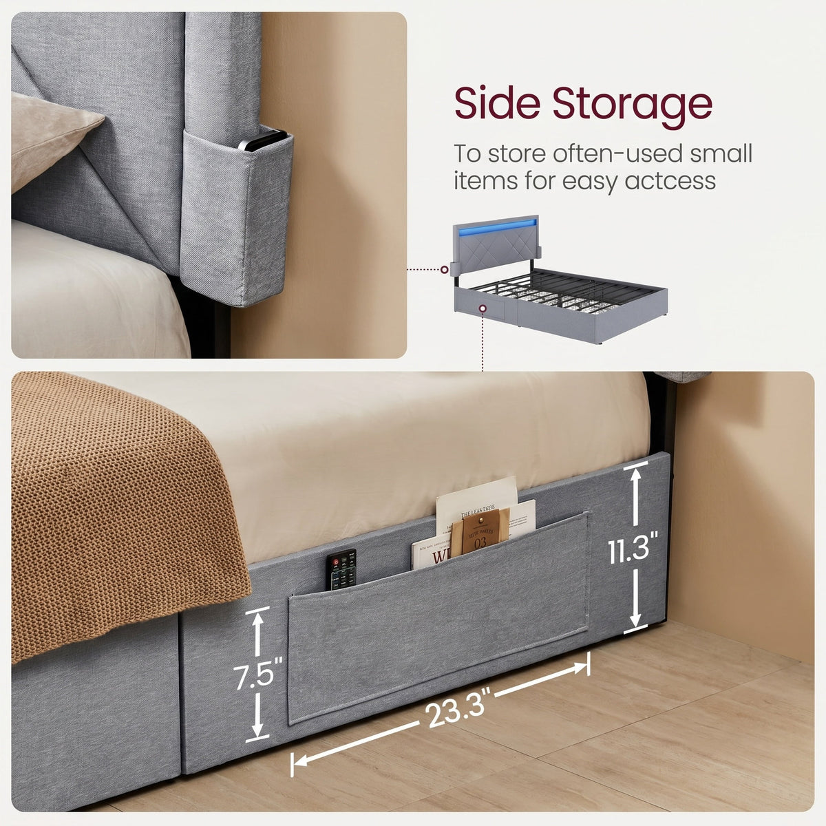 Full Size Light Gray Upholstered Platform Bed Frame with LED Headboard - image 5 of 6