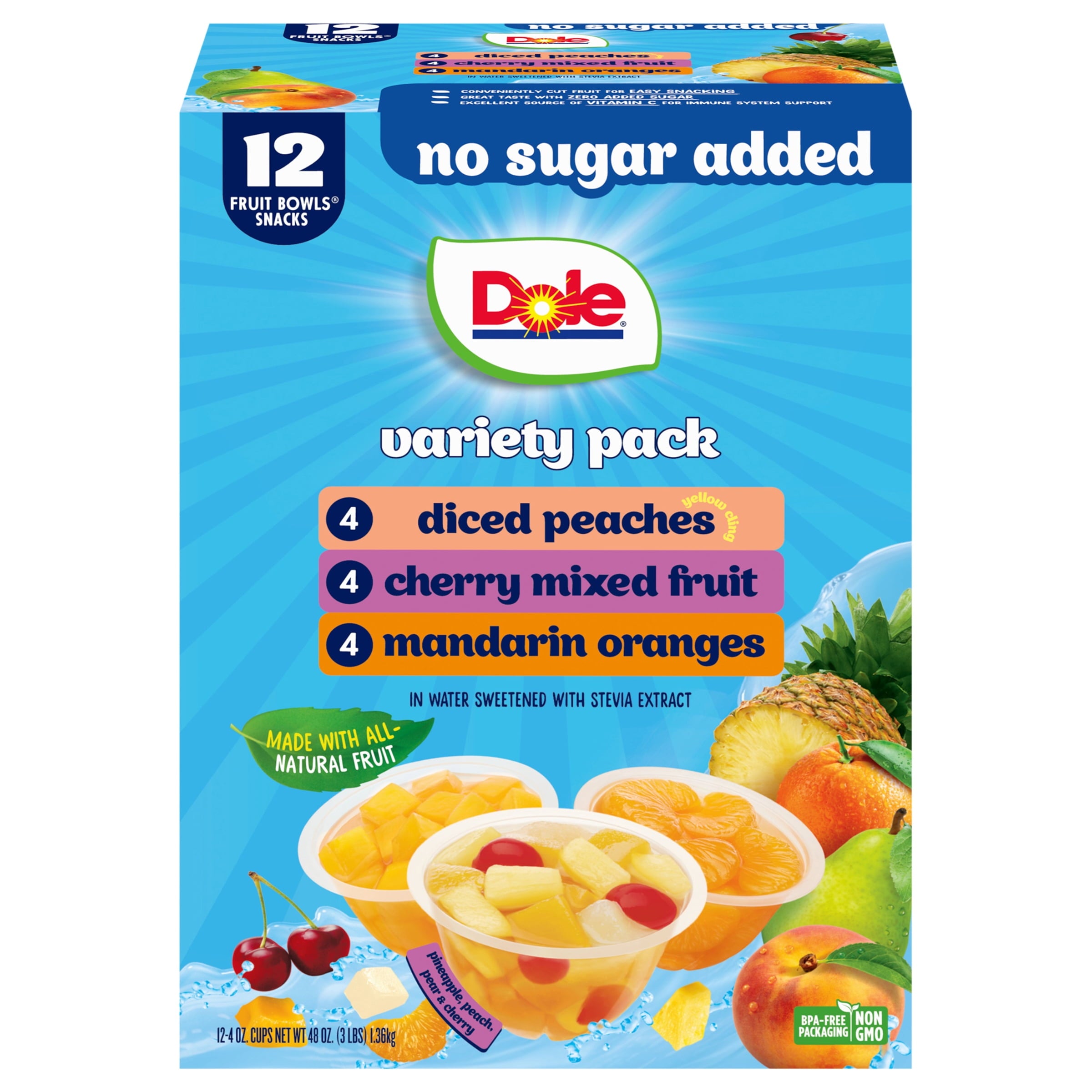 Dole Fruit Bowls No Sugar Added Variety Pack, 4 oz Cups (12 Pack) — grocery product