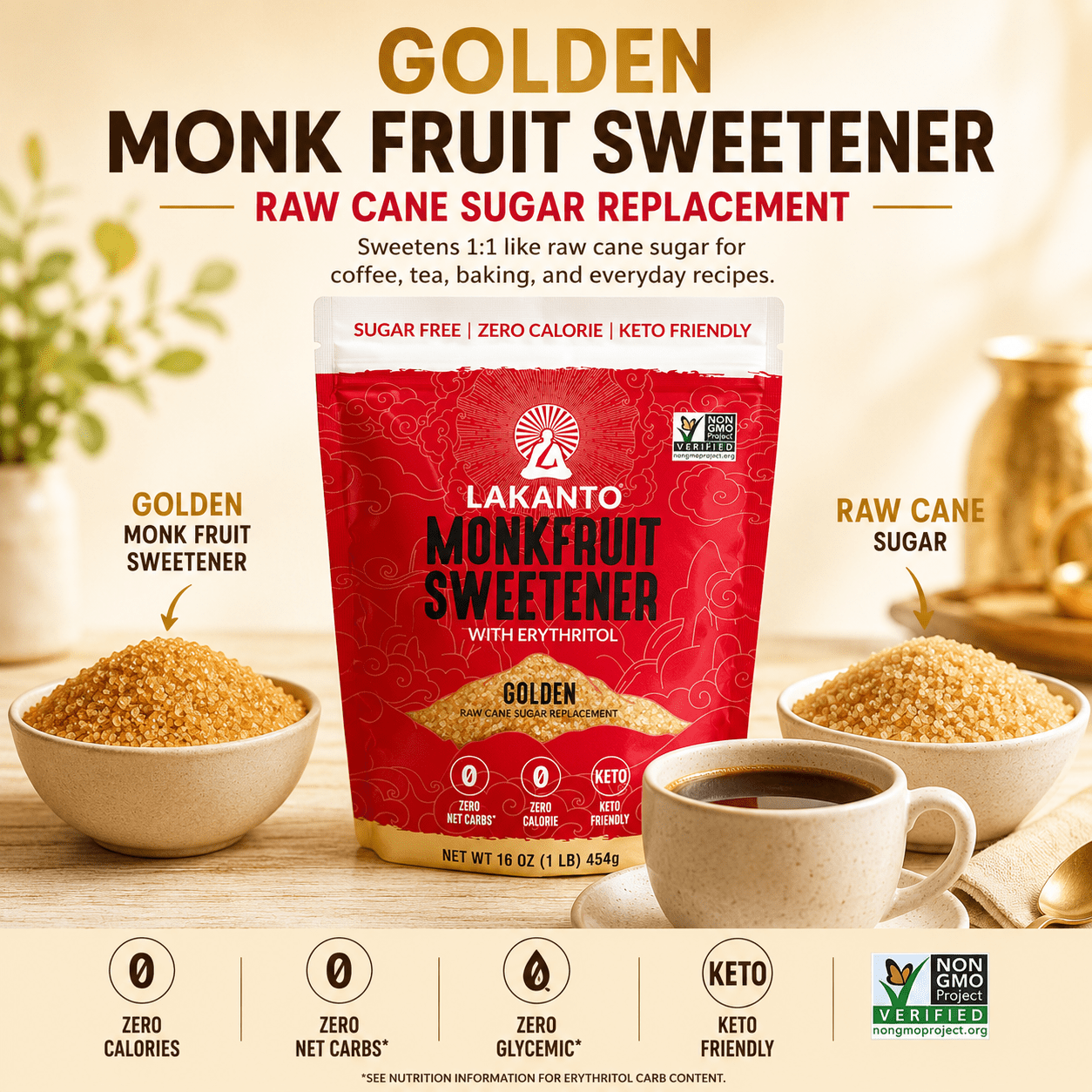 Lakanto Golden Monk Fruit Sweetener - Raw Cane Sugar Substitute, Zero Calorie — grocery product, view 11