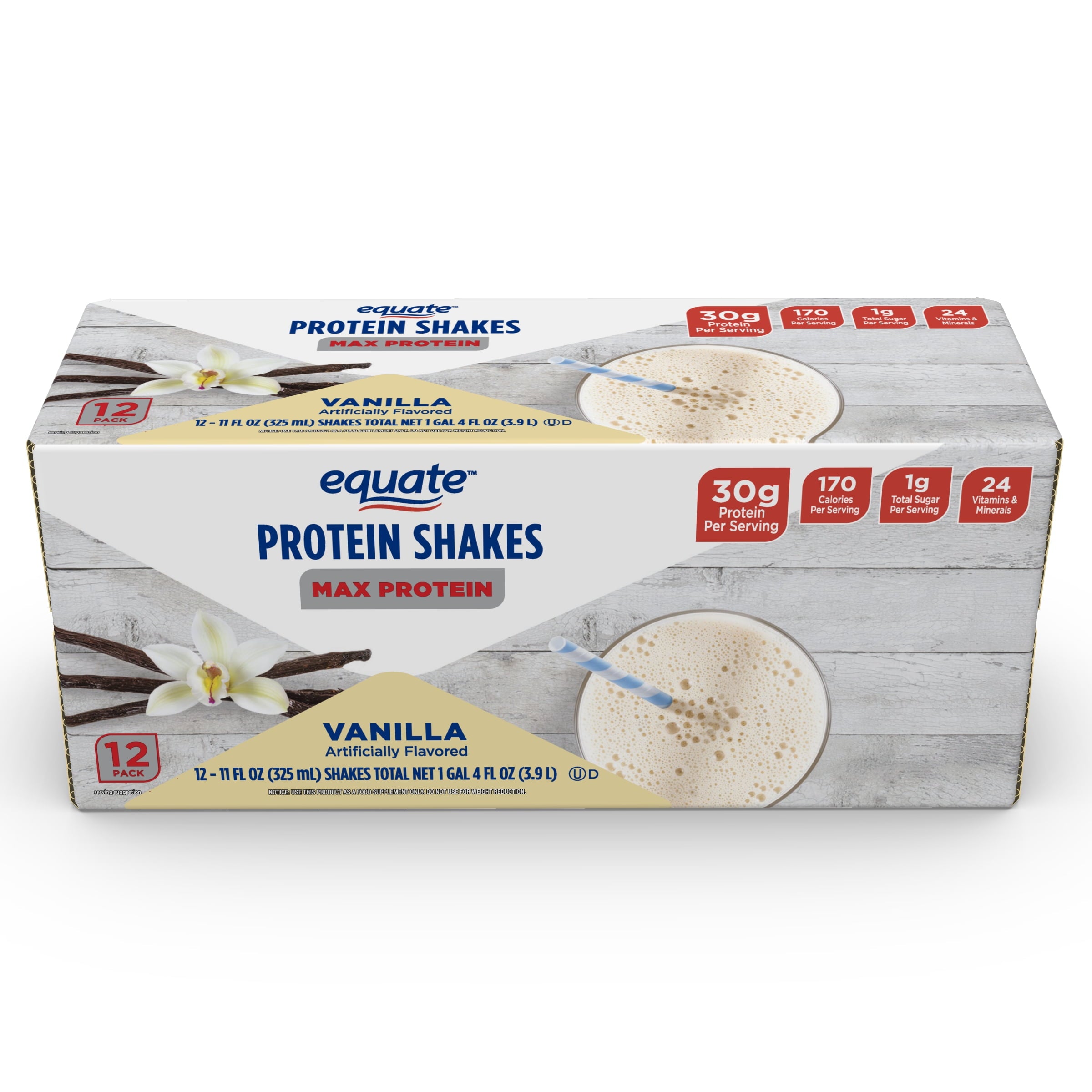 Equate Max Protein Nutrition Shake, Vanilla Flavored, 12 Pack (11 fl oz) — sports nutrition product, view 2