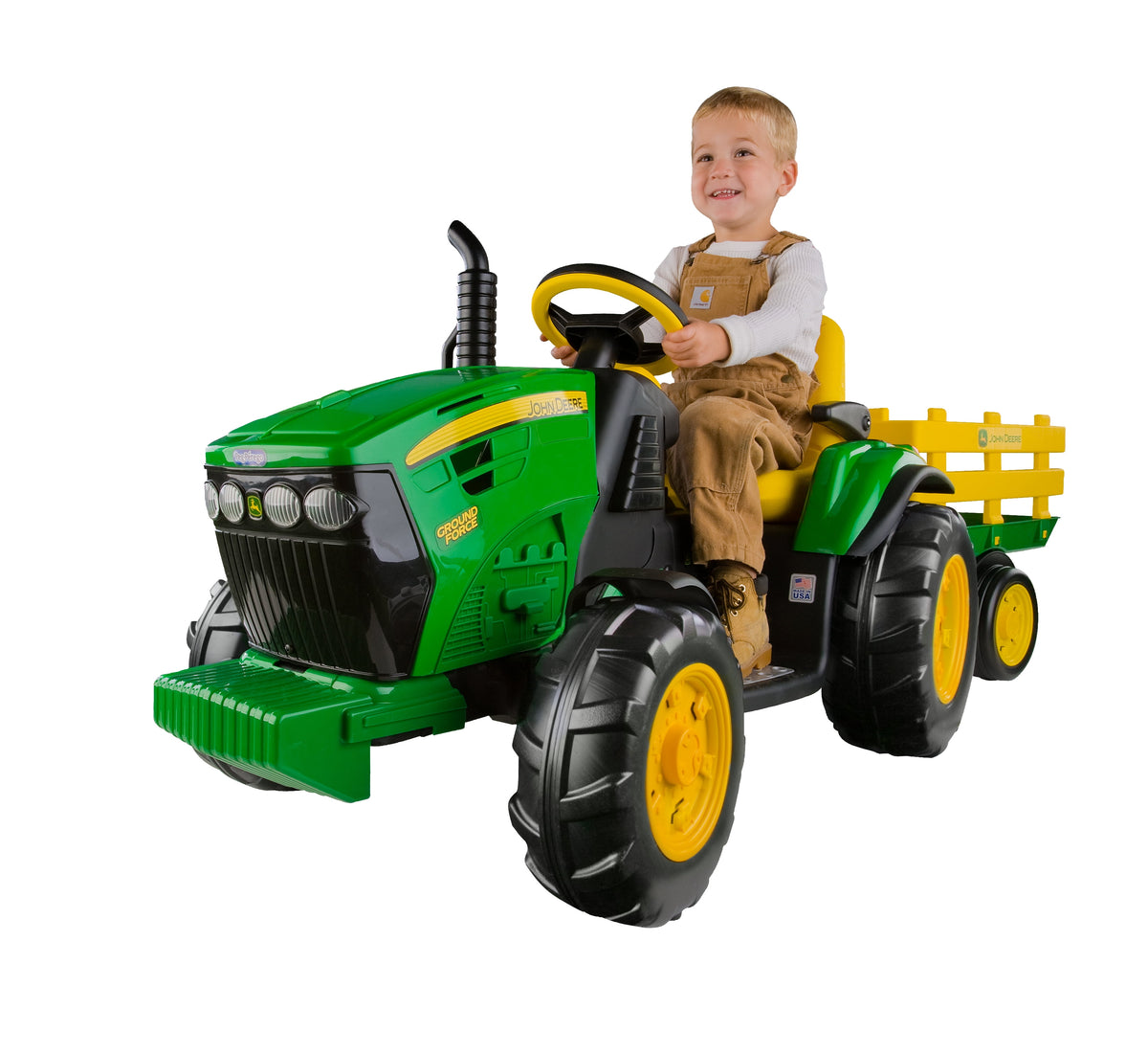 12 V Peg Perego John Deere Ground Force Extra-Large 12 Volt Ride-On Tractor with Trailer & FM Radio