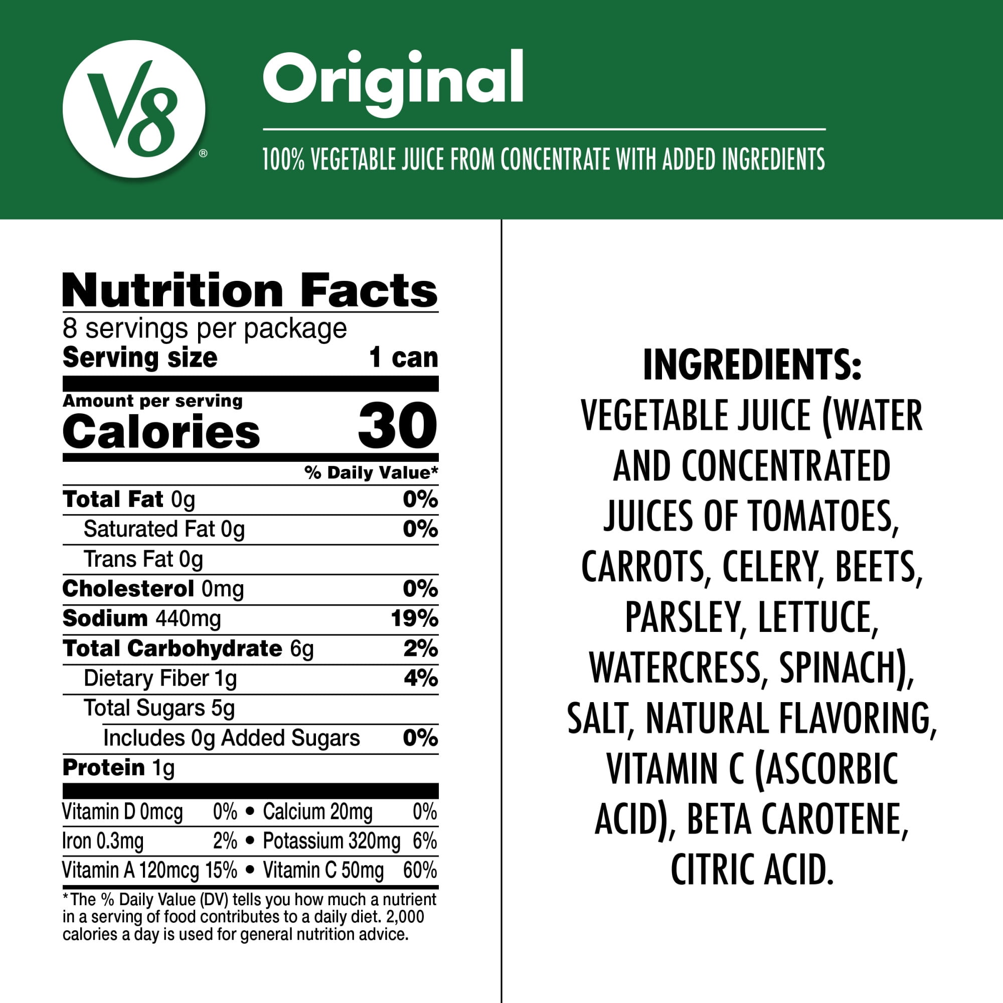 V8 Original 100% Vegetable Juice, 5.5 fl oz Can, 8 Count — coffee and drinks product, view 2