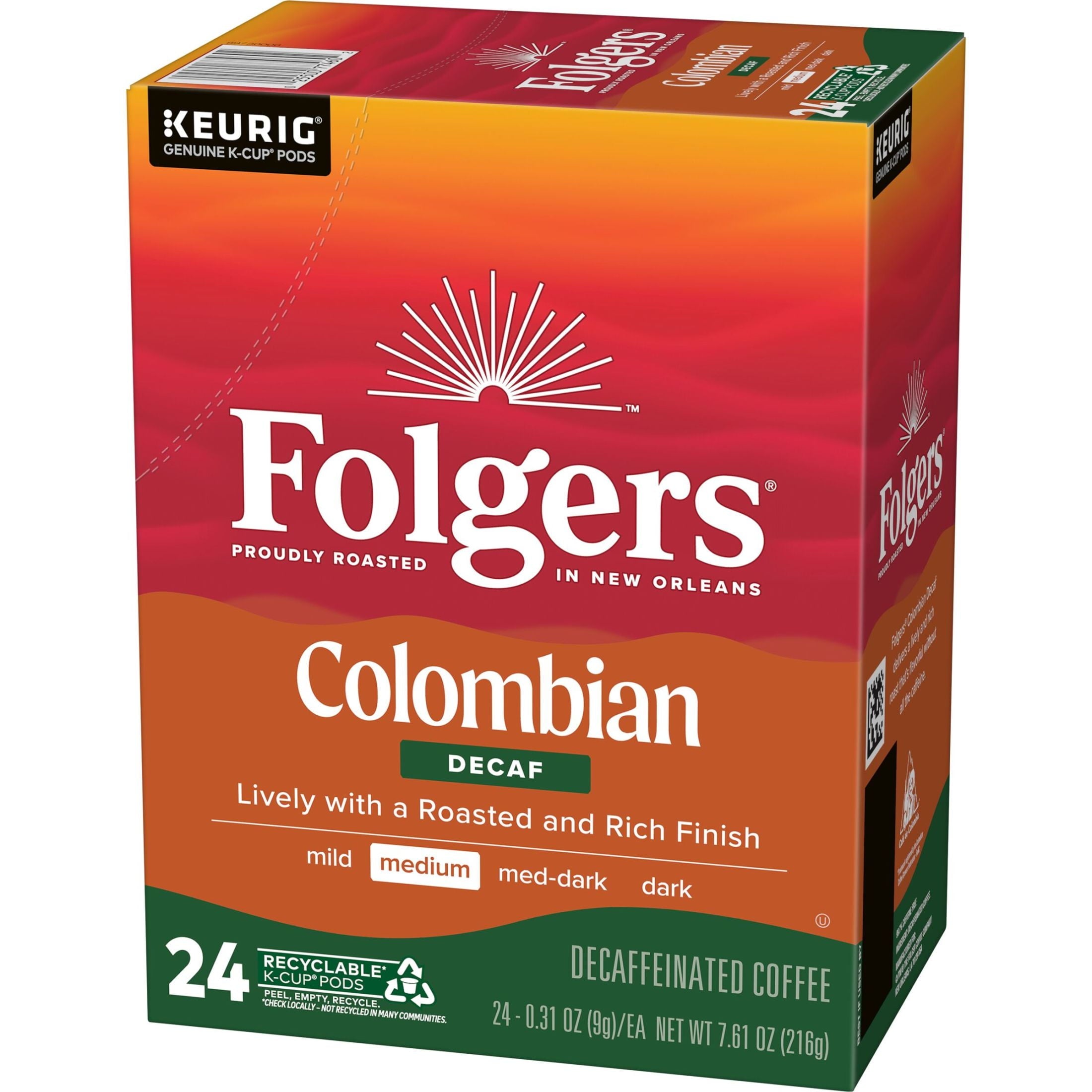 Folgers Colombian Decaffeinated Coffee, Medium Roast, Keurig K Cup Brewers, 24 Count Box — coffee and drinks product, view 8