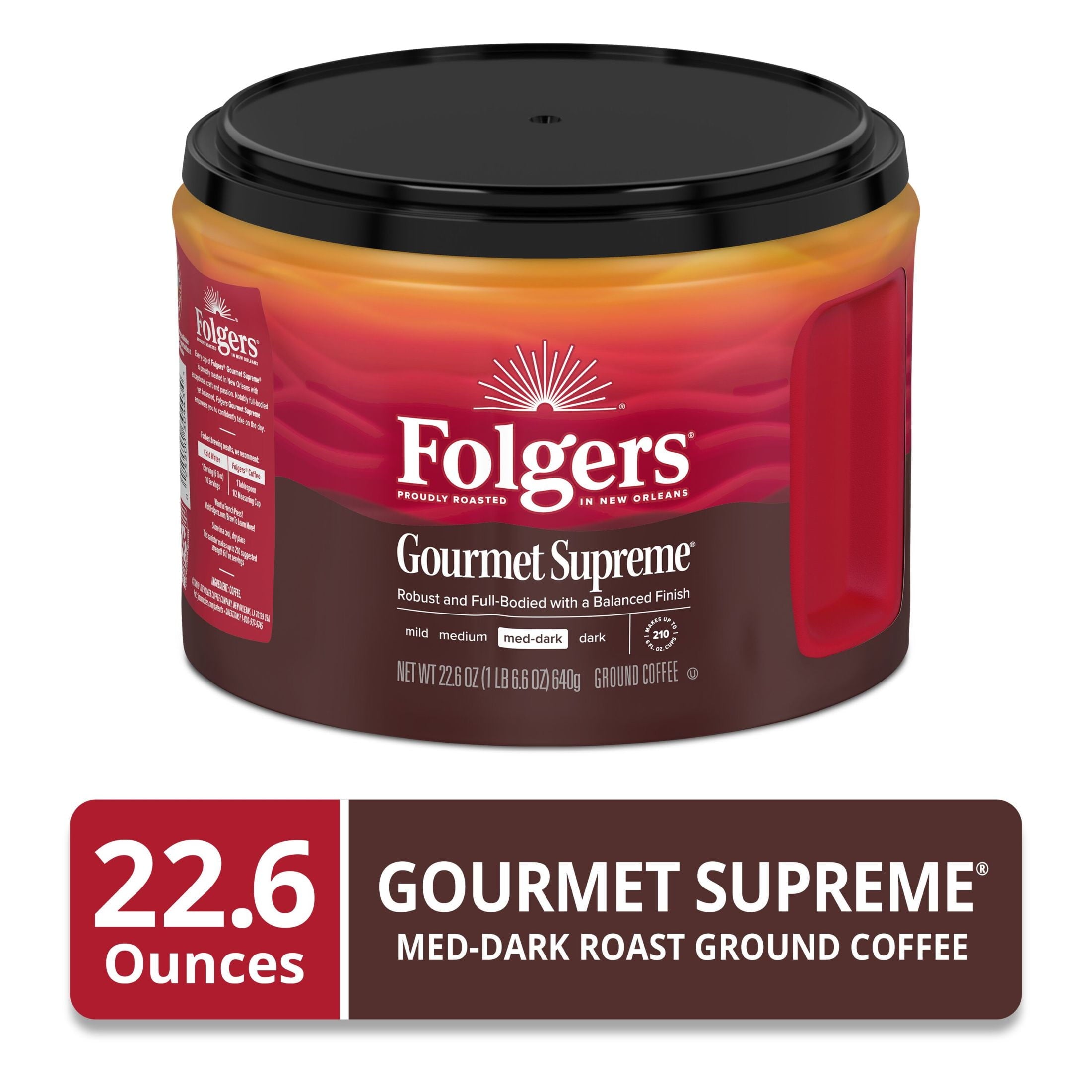 Folgers Gourmet Supreme Ground Coffee, Medium Dark Roast, 22.6 oz Canister — coffee and drinks product, view 2