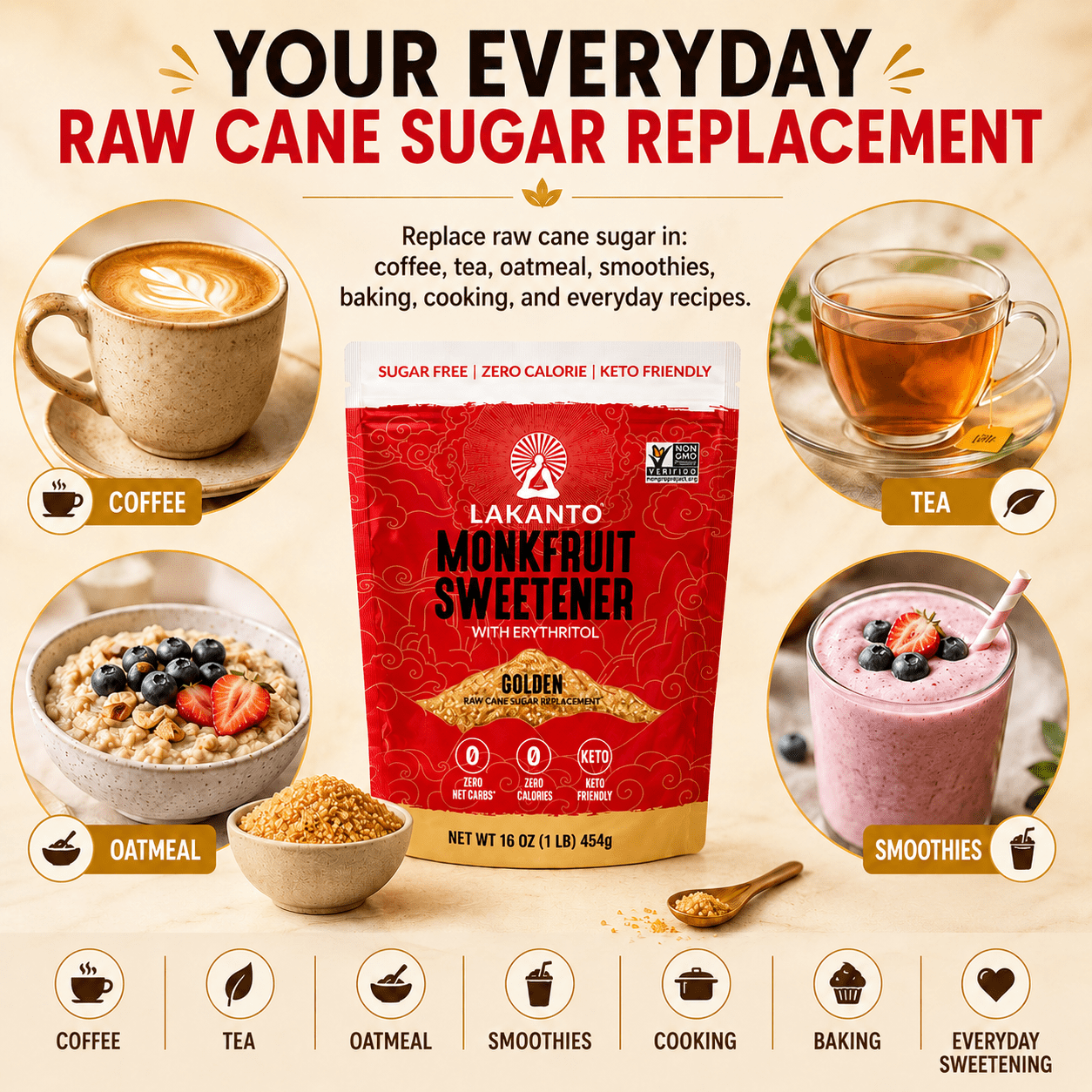 Lakanto Golden Monk Fruit Sweetener - Raw Cane Sugar Substitute, Zero Calorie, Keto Diet Friendly — grocery product, view 9