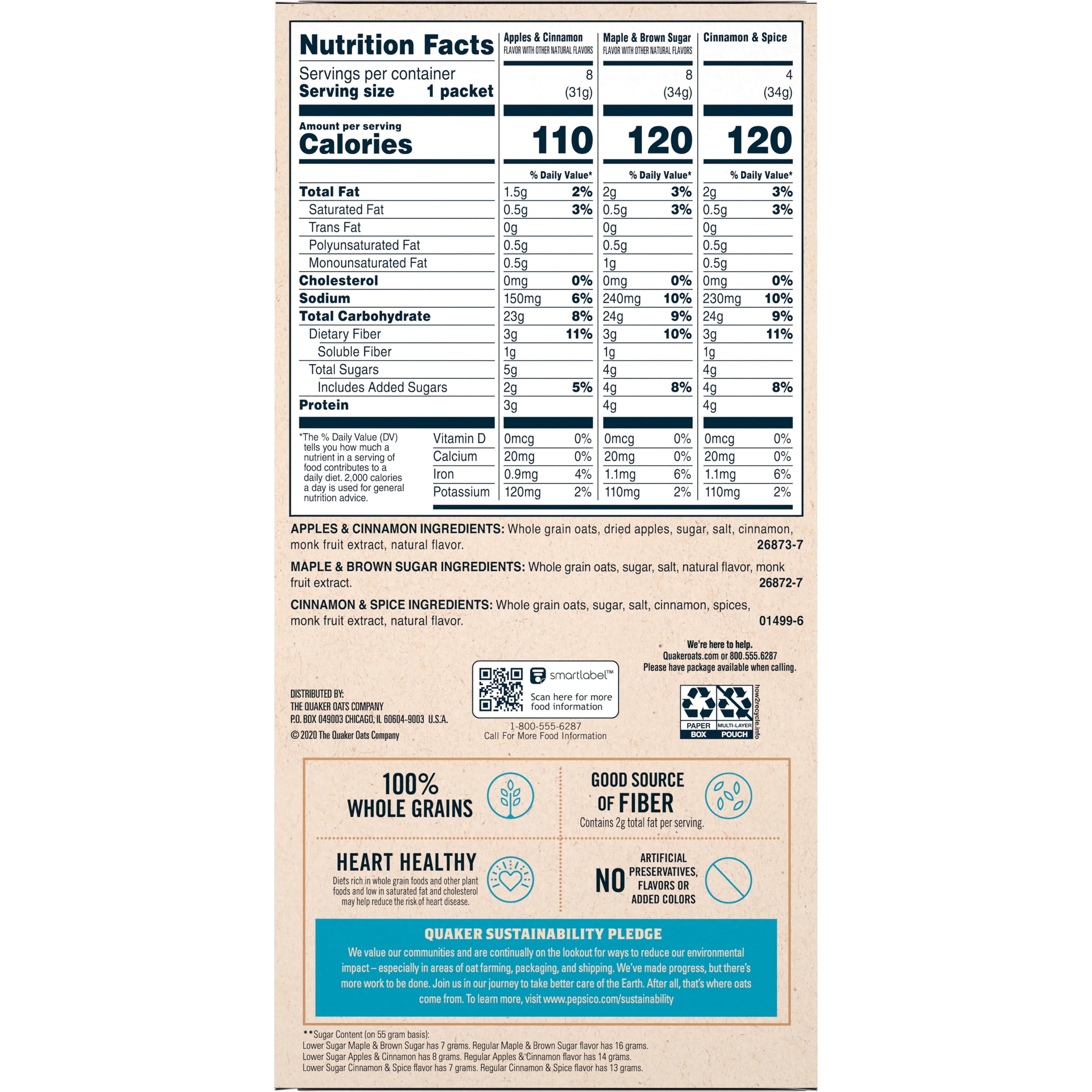 Quaker Instant Oatmeal, Lower Sugar Variety Pack, 1.16 oz, 20 Packets — grocery product, view 5