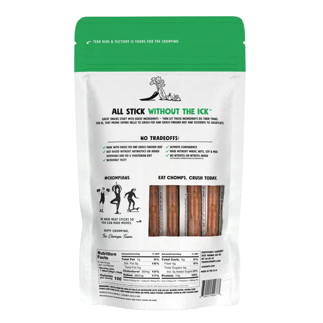Chomps Grass-Fed And Finished Jalapeño Beef Jerky Snack Sticks (8 Count) — grocery product, view 2