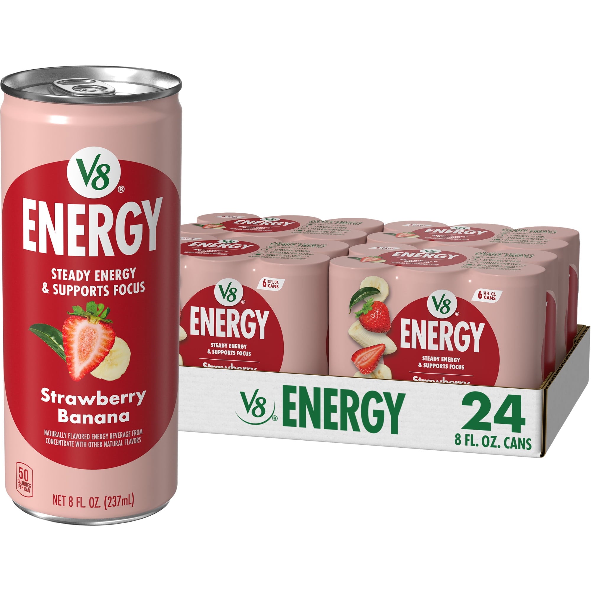 (4 pack) V8 Energy Strawberry Banana Juice Energy Drink, 8 fl oz Can (24 Pack) — coffee and drinks product