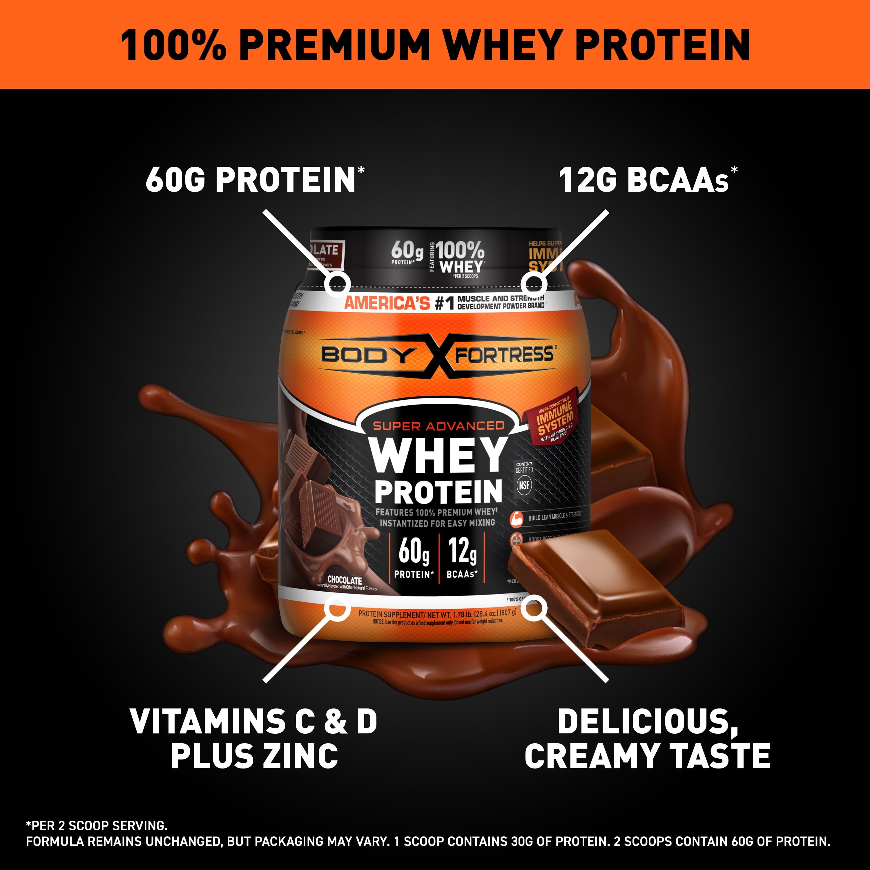Body Fortress Super Advanced 100% Premium Whey Protein Powder, Chocolate, 60g Protein — sports nutrition product, view 5