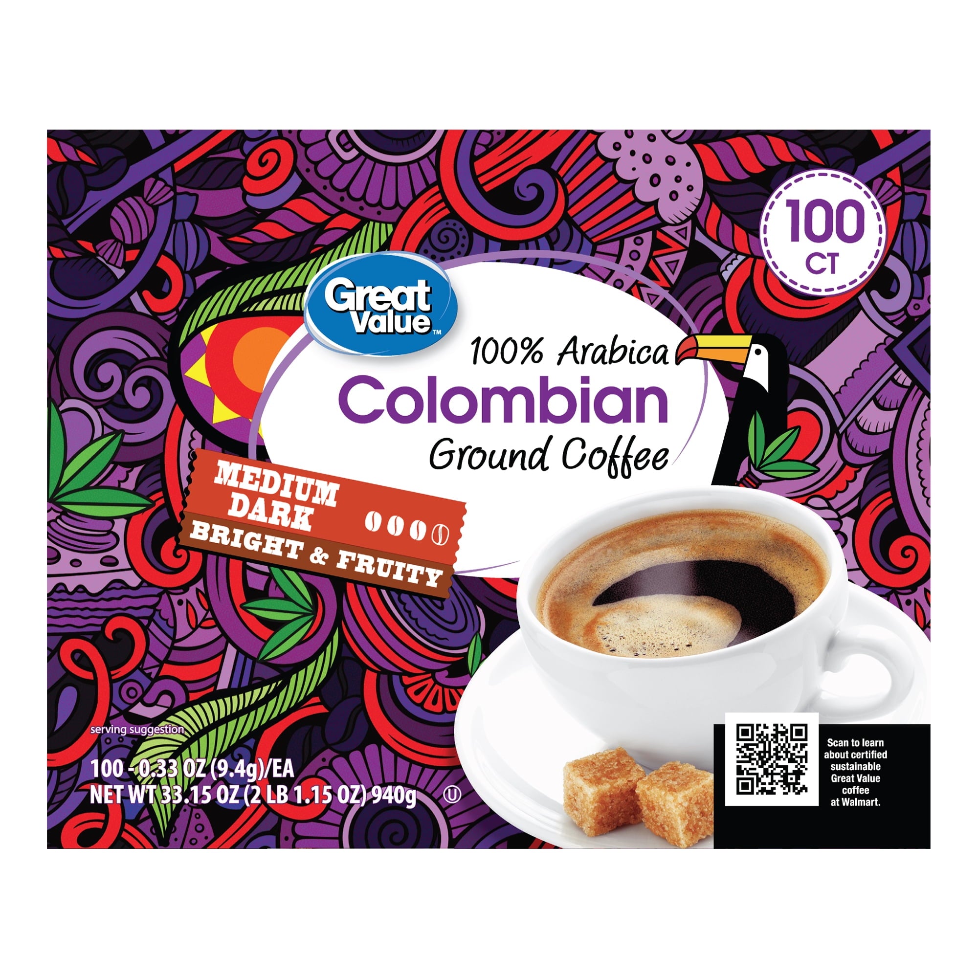 Great Value 100% Arabica Colombian Medium Dark Roast Ground Coffee Pods, 33.1 oz — coffee and drinks product, view 5
