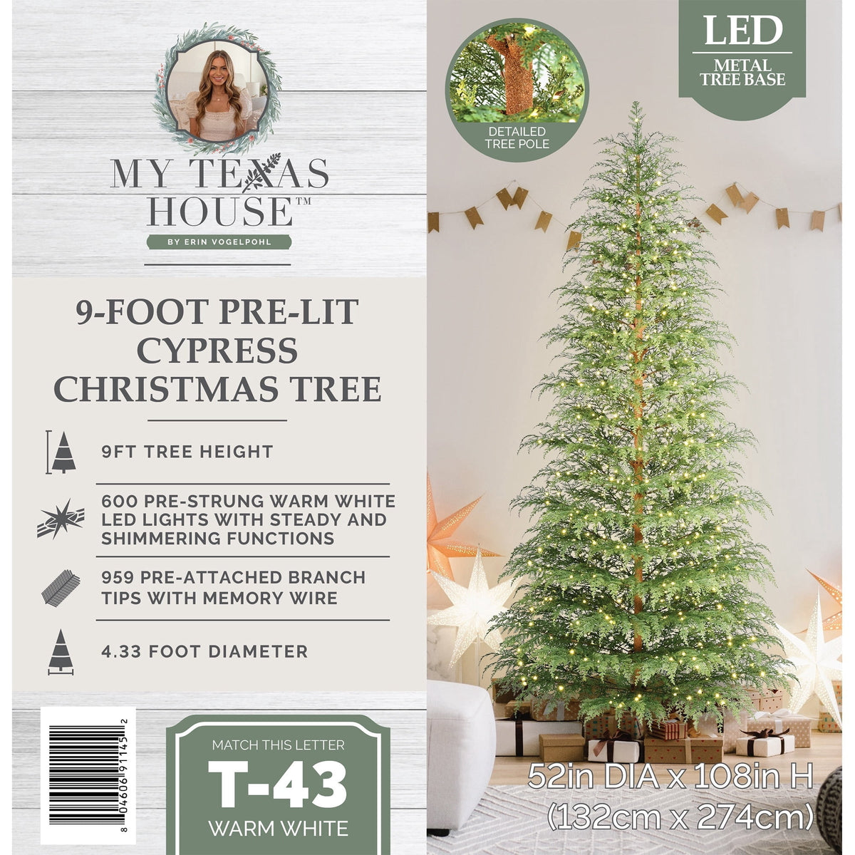 My Texas House 9' Pre-Lit Cypress Green Artificial Christmas Tree with 600 Warm White Twinkle LED - image 5 of 6