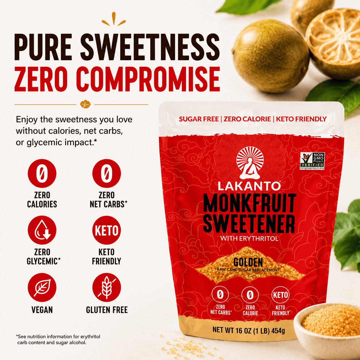 Lakanto Golden Monk Fruit Sweetener - Raw Cane Sugar Substitute, Zero Calorie, Keto Diet Friendly — grocery product, view 6