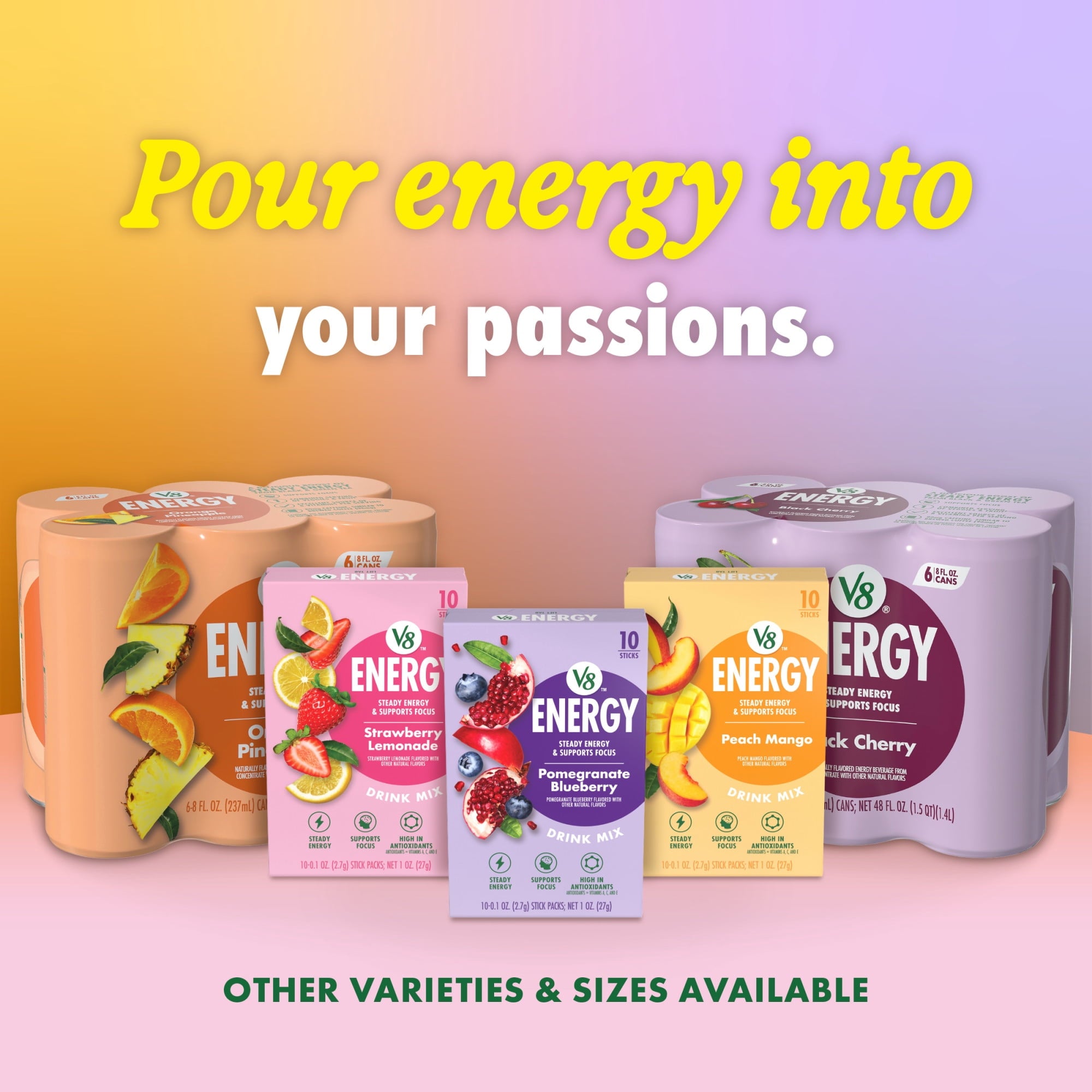 (4 pack) V8 Energy Strawberry Banana Juice Energy Drink, 8 fl oz Can (24 Pack) — coffee and drinks product, view 8