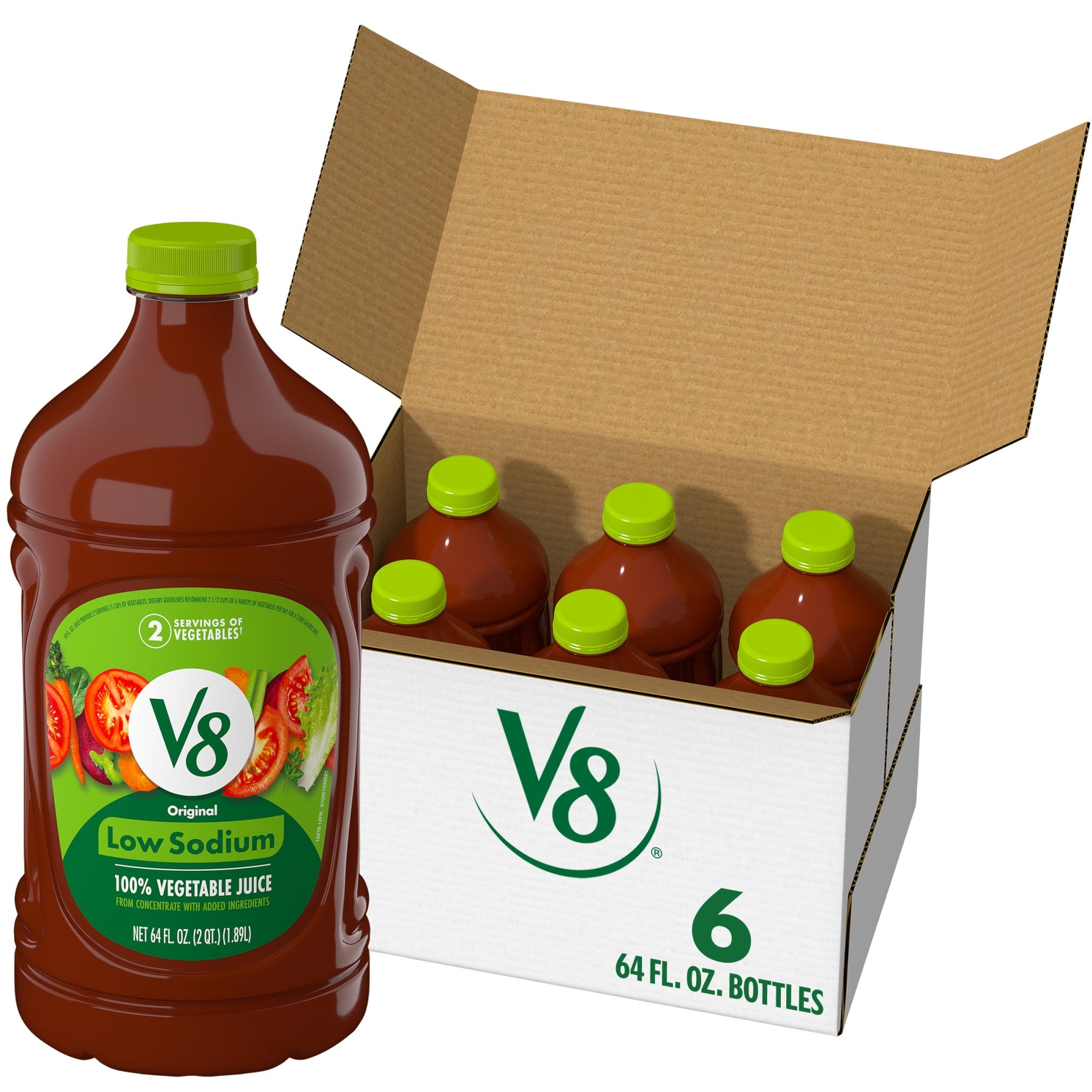 (6 pack) V8 Low Sodium Original 100% Vegetable Juice, 64 fl oz Bottle, 6 Count — coffee and drinks product