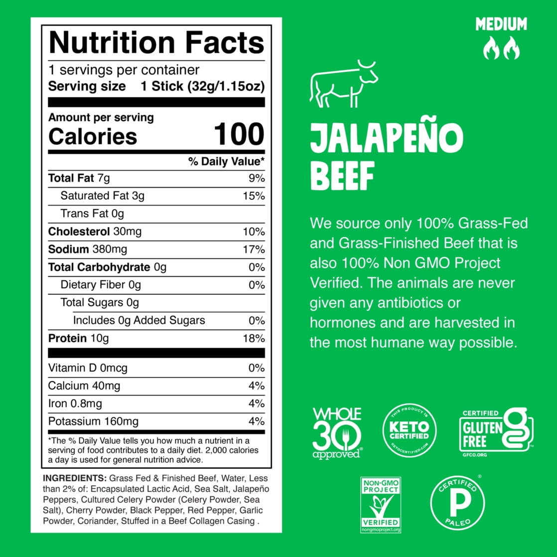 Chomps Grass-Fed And Finished Jalapeño Beef Jerky Snack Sticks (8 Count) — grocery product, view 3