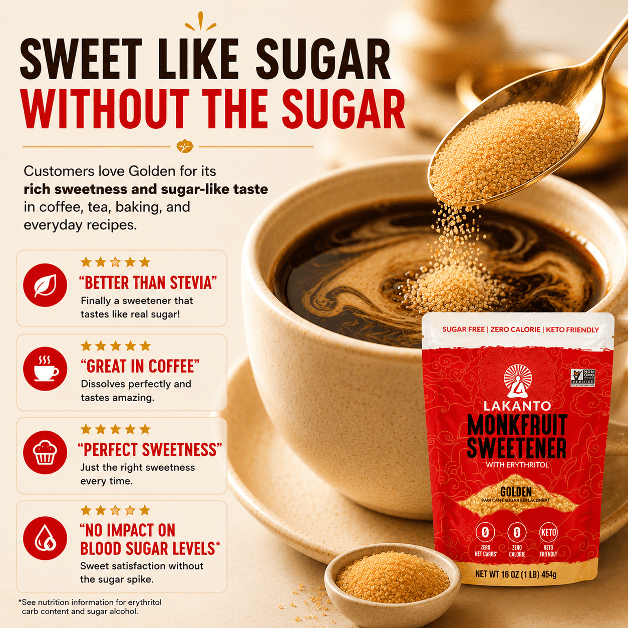 Lakanto Golden Monk Fruit Sweetener - Raw Cane Sugar Substitute, Zero Calorie, Keto Diet Friendly — grocery product, view 3