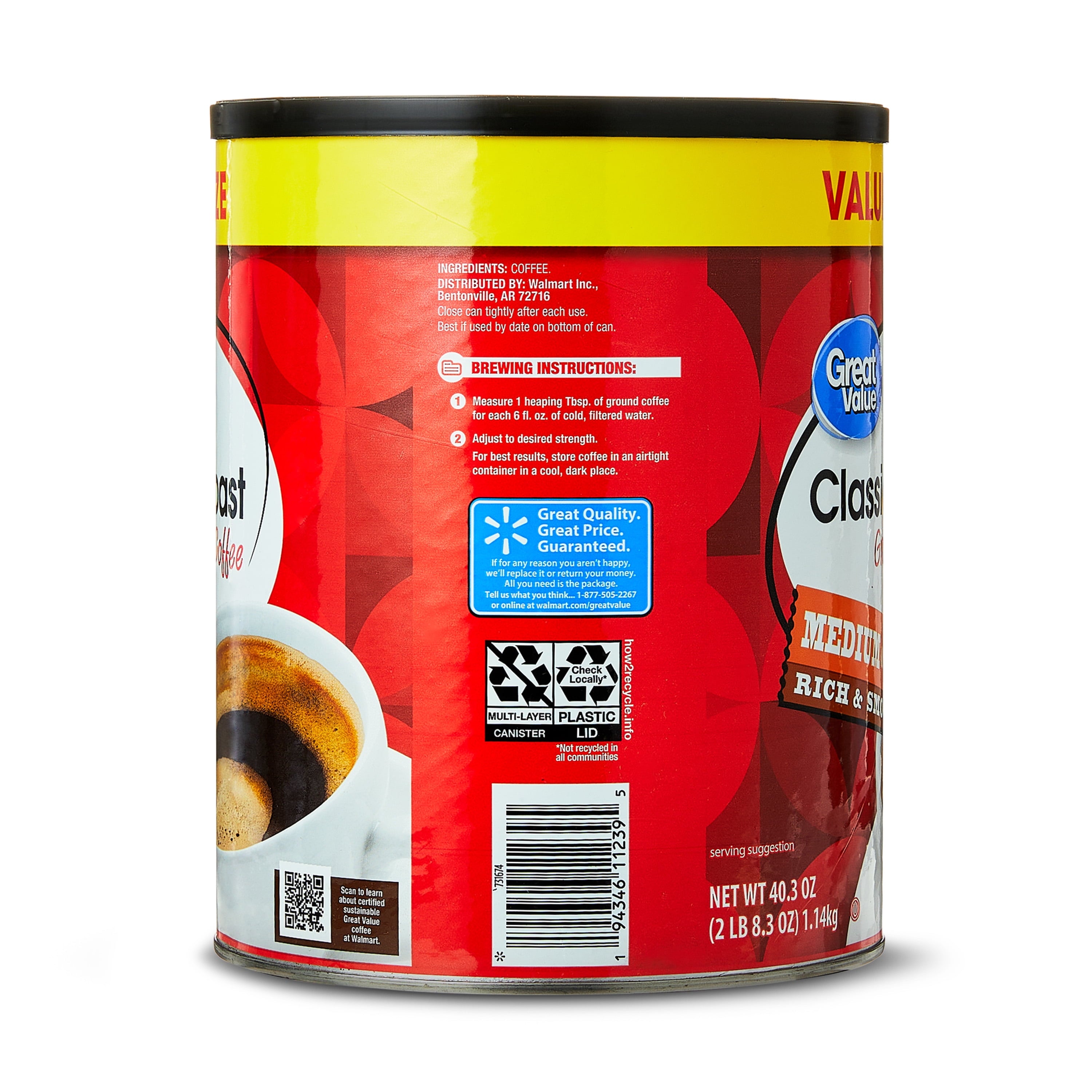 Great Value Classic Medium Roast Ground Naturally Caffeinated Coffee, 40.3 oz Cannister — coffee and drinks product, view 6
