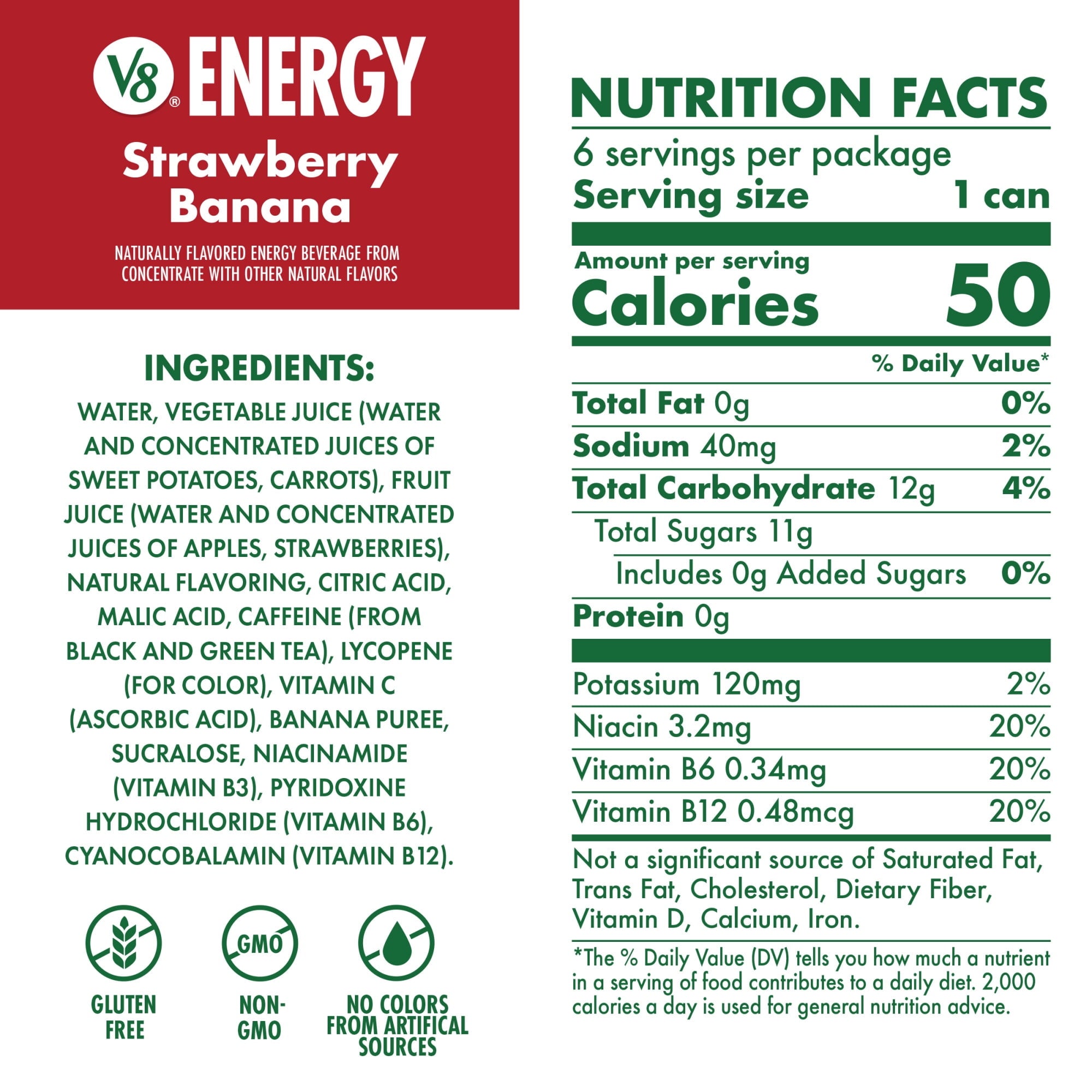 (4 pack) V8 Energy Strawberry Banana Juice Energy Drink, 8 fl oz Can (24 Pack) — coffee and drinks product, view 2