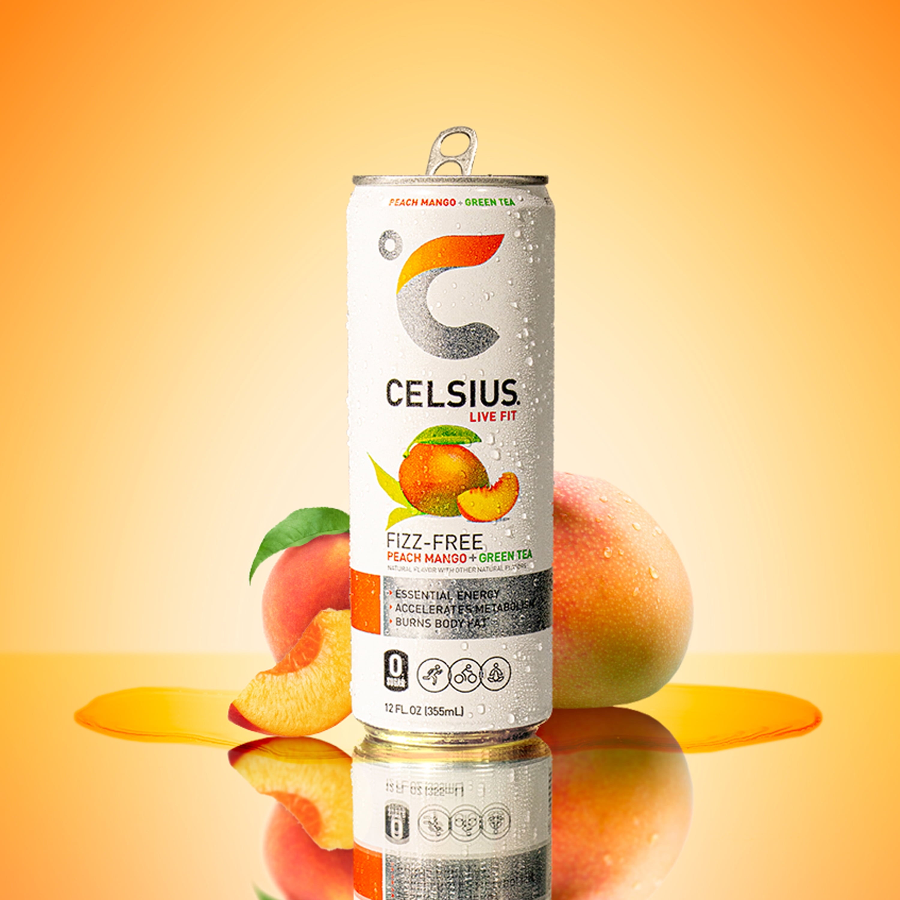 CELSIUS Fizz Free Peach Mango Green Tea, Functional Energy Drink 12 fl oz (Pack of 12) — coffee and drinks product, view 4