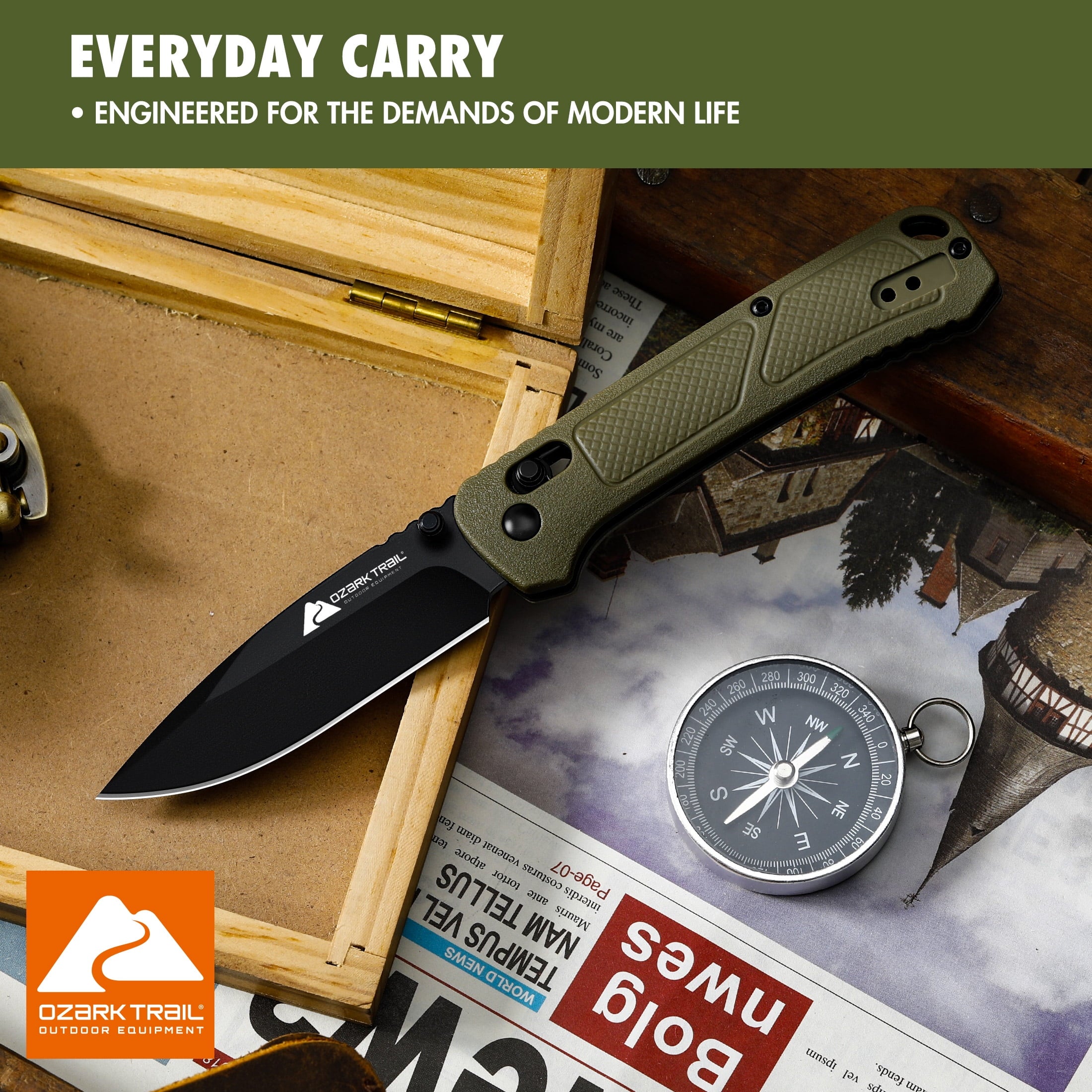 Ozark Trail 7.5 inch Folding Knife,D2 Blade,Ball Bearing,OD Green Handle — sports and outdoor product, view 9