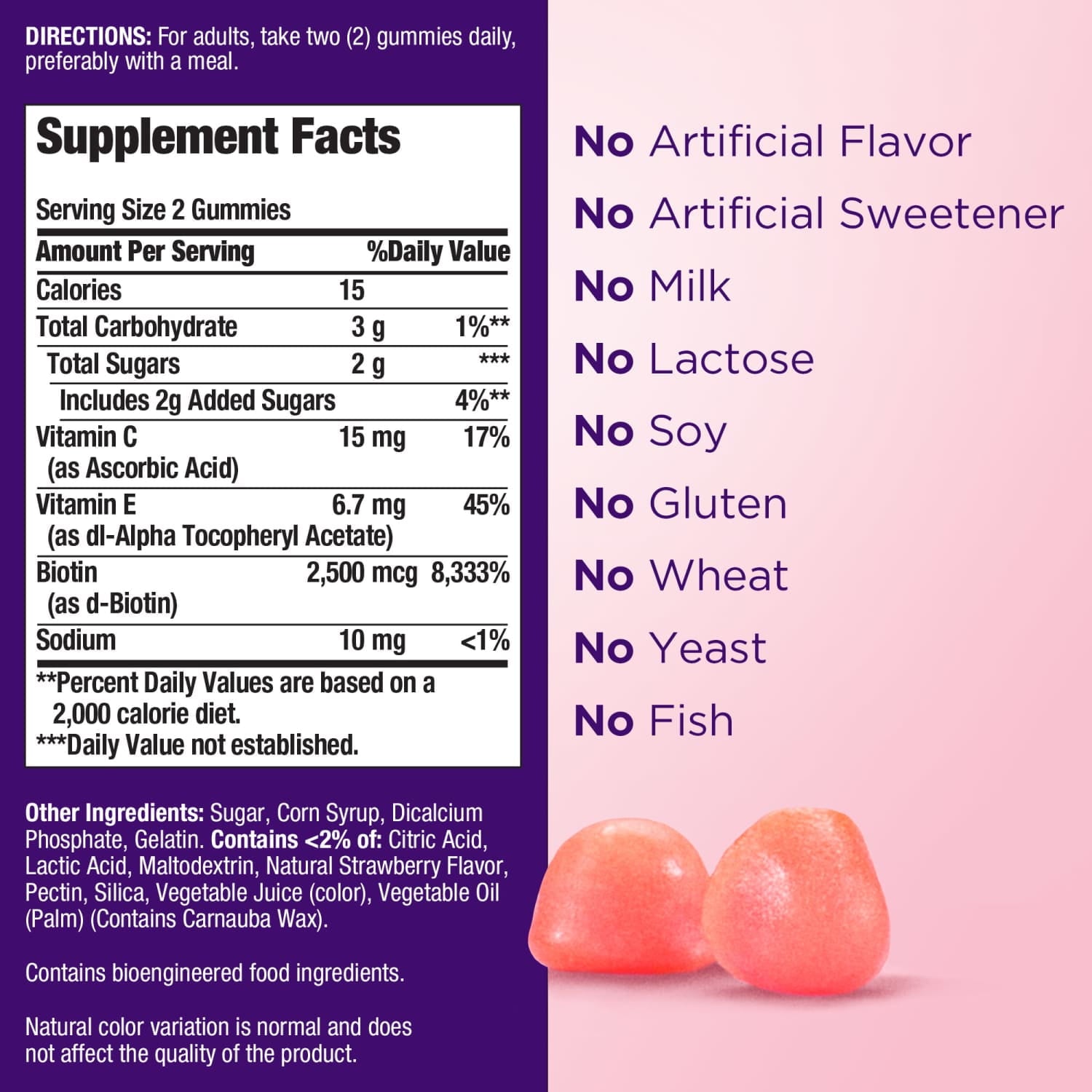 Nature's Bounty Hair, Skin and Nails Strawberry Gummies, 2500mcg Biotin, 180 Ct. — supplement pack, view 2