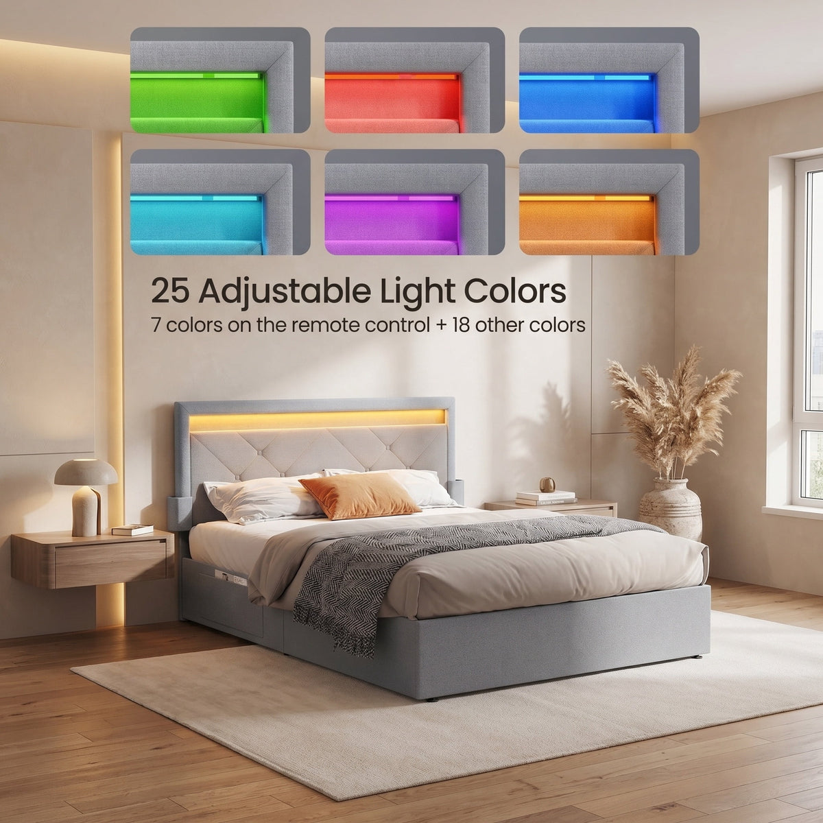 Full Size Light Gray Upholstered Platform Bed Frame with LED Headboard - image 4 of 6