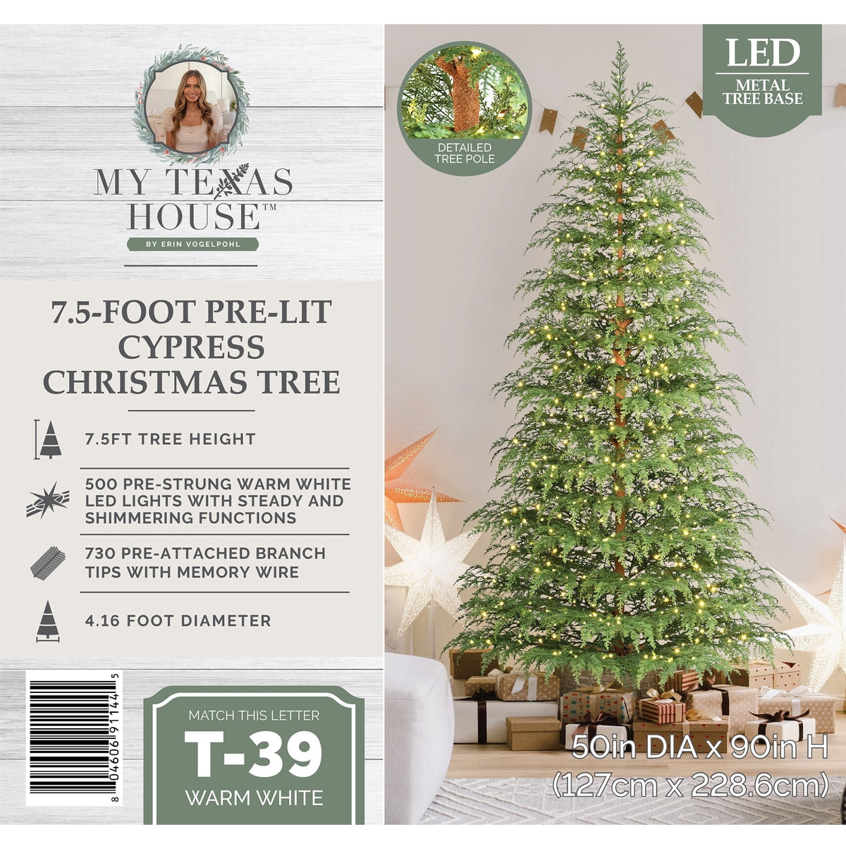 My Texas House 7.5' Pre-Lit Cypress Green Artificial Christmas Tree with 500 Warm White Twinkle LED - image 5 of 6