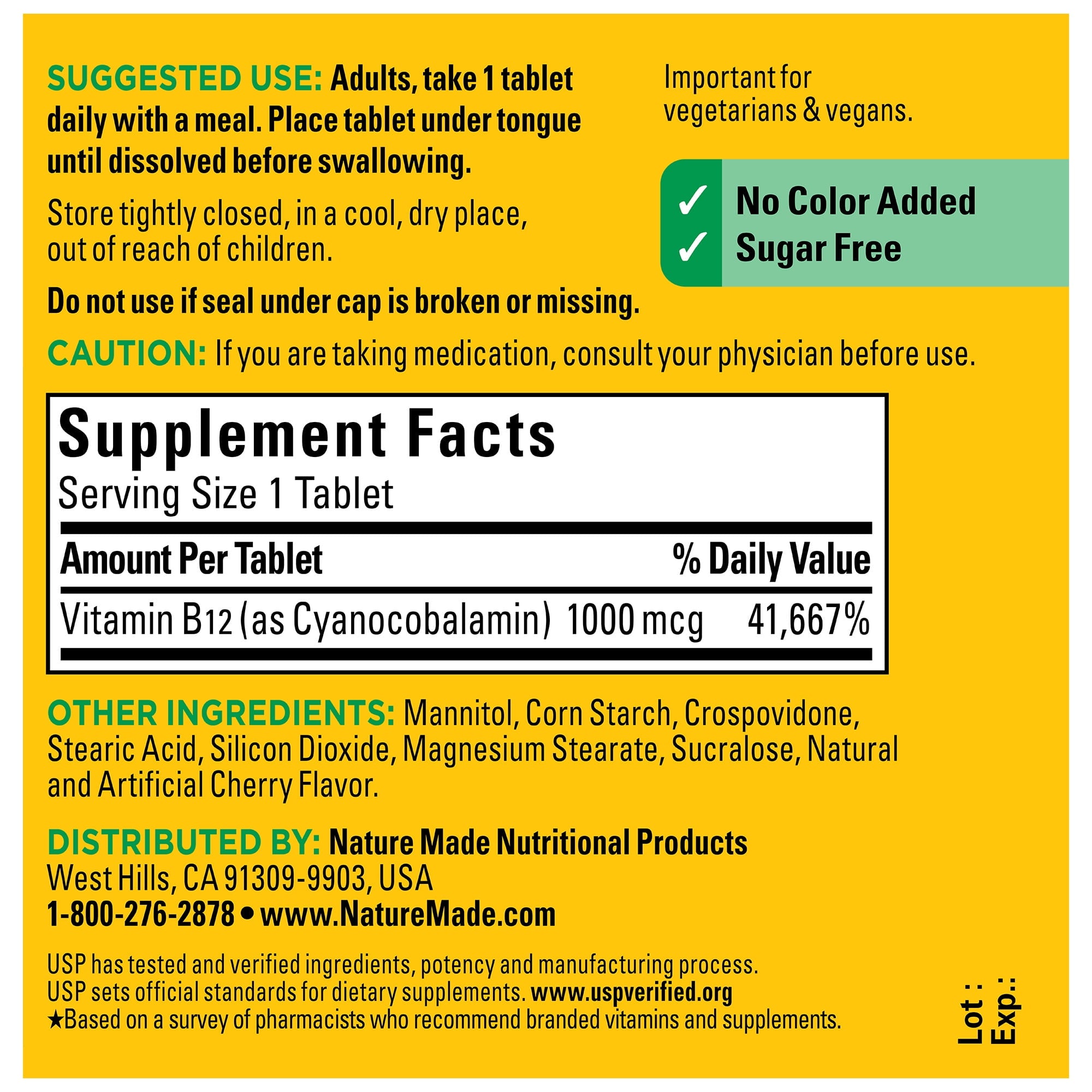 Nature Made Vitamin B12 Sublingual 1000 mcg Sugar Free Fast Dissolve Tablets, 60 Count — supplement pack, view 2