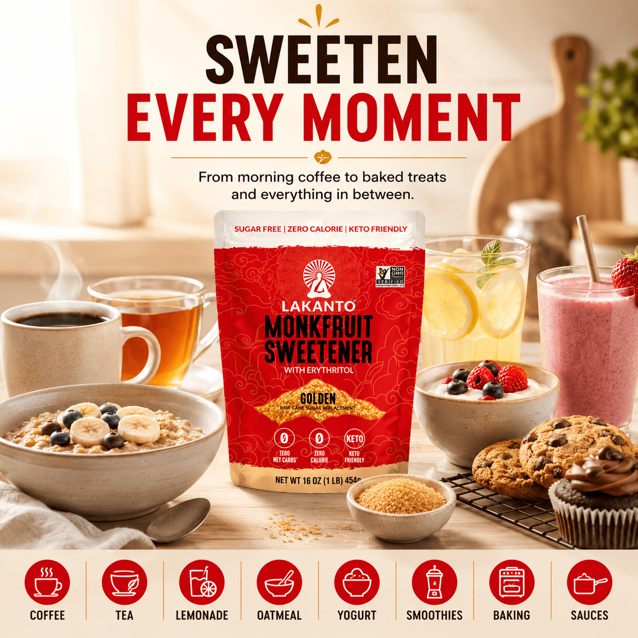 Lakanto Golden Monk Fruit Sweetener - Raw Cane Sugar Substitute, Zero Calorie, Keto Diet Friendly — grocery product, view 4