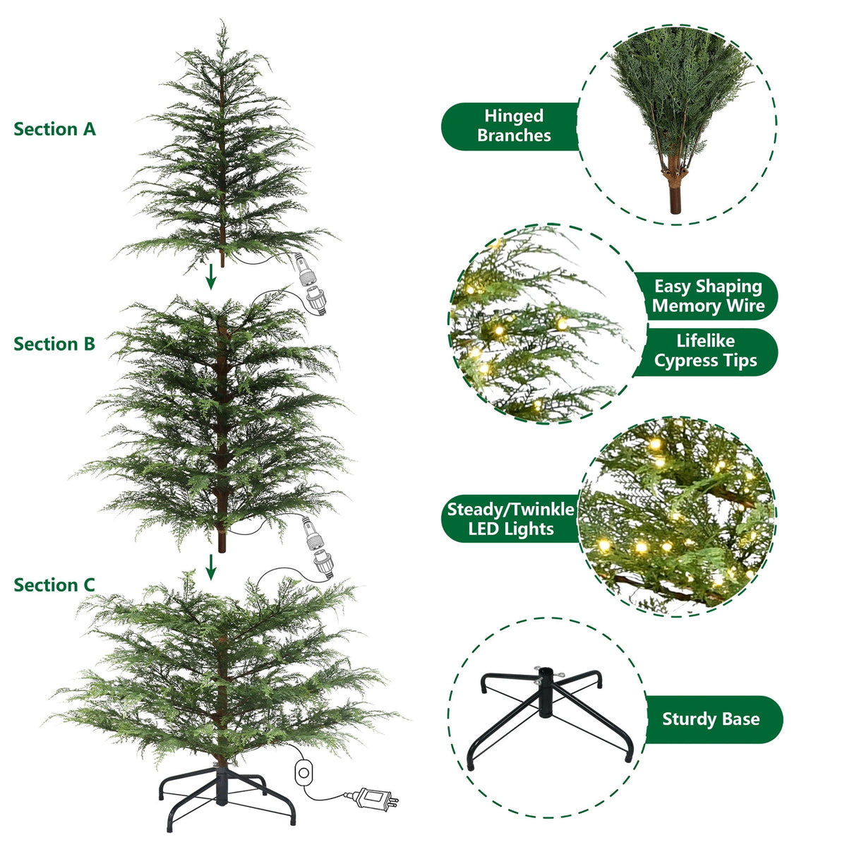 My Texas House 9' Pre-Lit Cypress Green Artificial Christmas Tree with 600 Warm White Twinkle LED - image 3 of 6