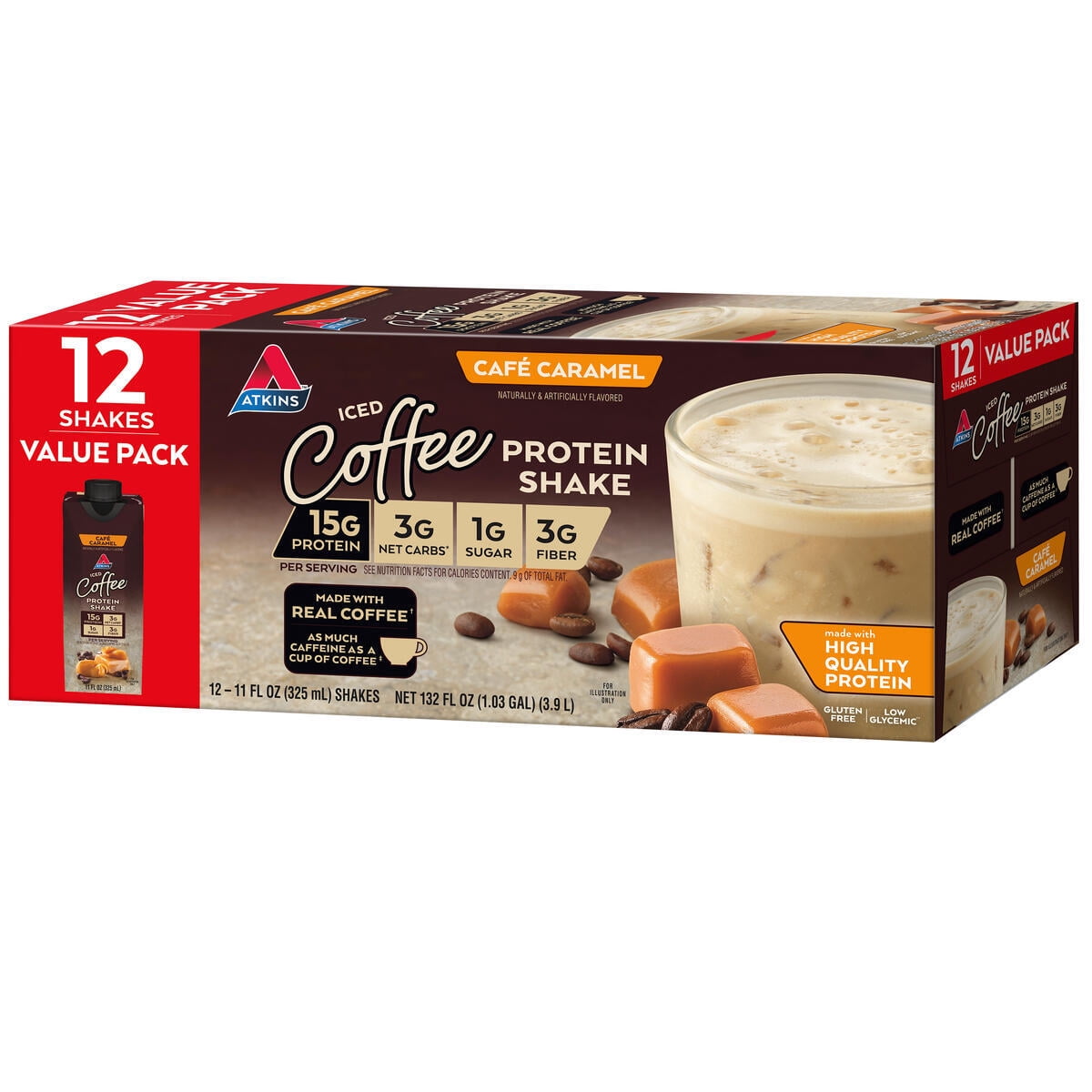 Atkins Café Caramel Iced Coffee Flavor High Protein Shake, 15g of Protein, 1g Sugar — coffee and drinks product
