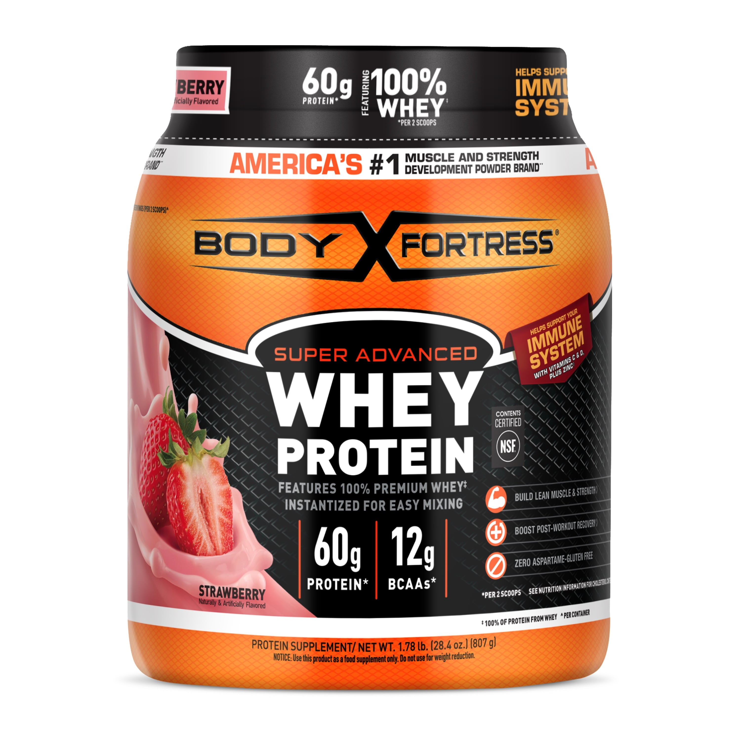 Body Fortress Super Advanced 100% Premium Whey Protein Powder, Strawberry, 60g Protein — sports nutrition product