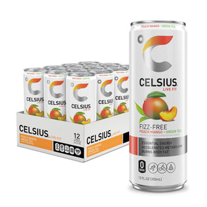 CELSIUS Fizz Free Peach Mango Green Tea, Functional Energy Drink 12 fl oz (Pack of 12) — coffee and drinks product