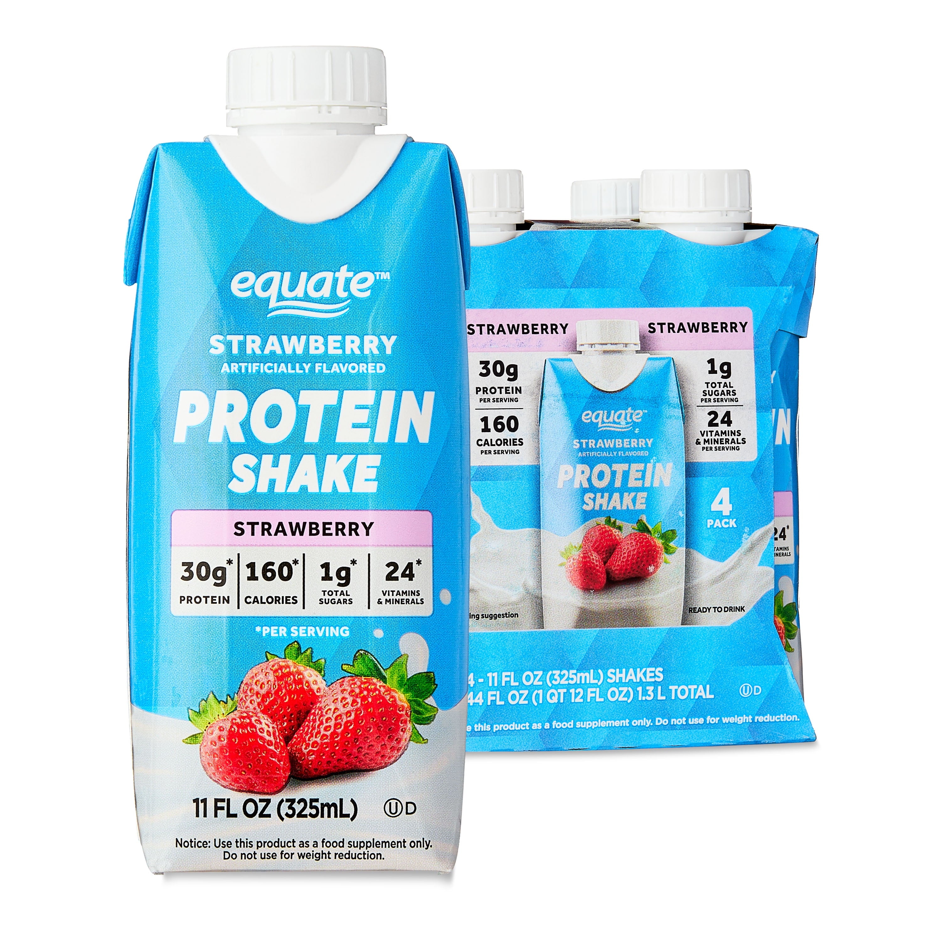 Equate High Performance Protein Shake, Strawberry flavor, 11 fl oz, 4 count, 30g protein — sports nutrition product
