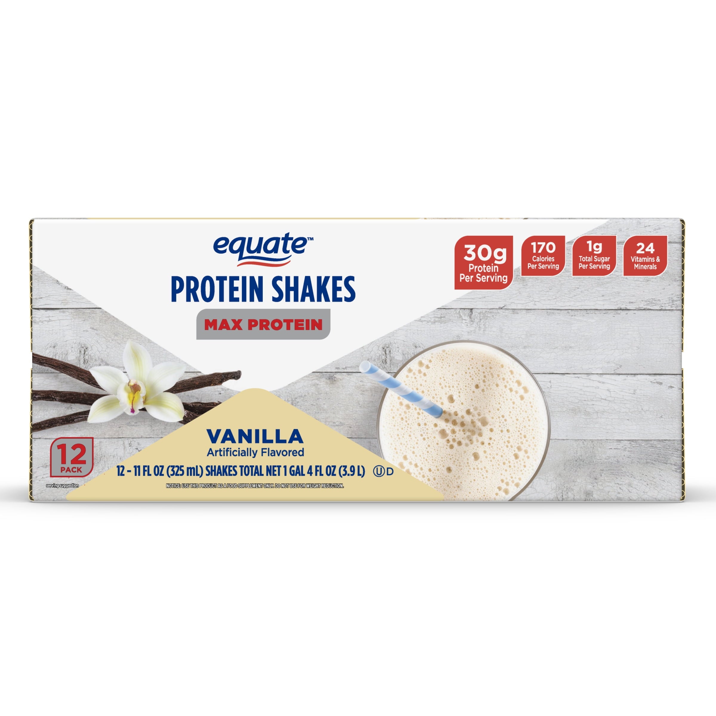 Equate Max Protein Nutrition Shake, Vanilla Flavored, 12 Pack (11 fl oz) — sports nutrition product