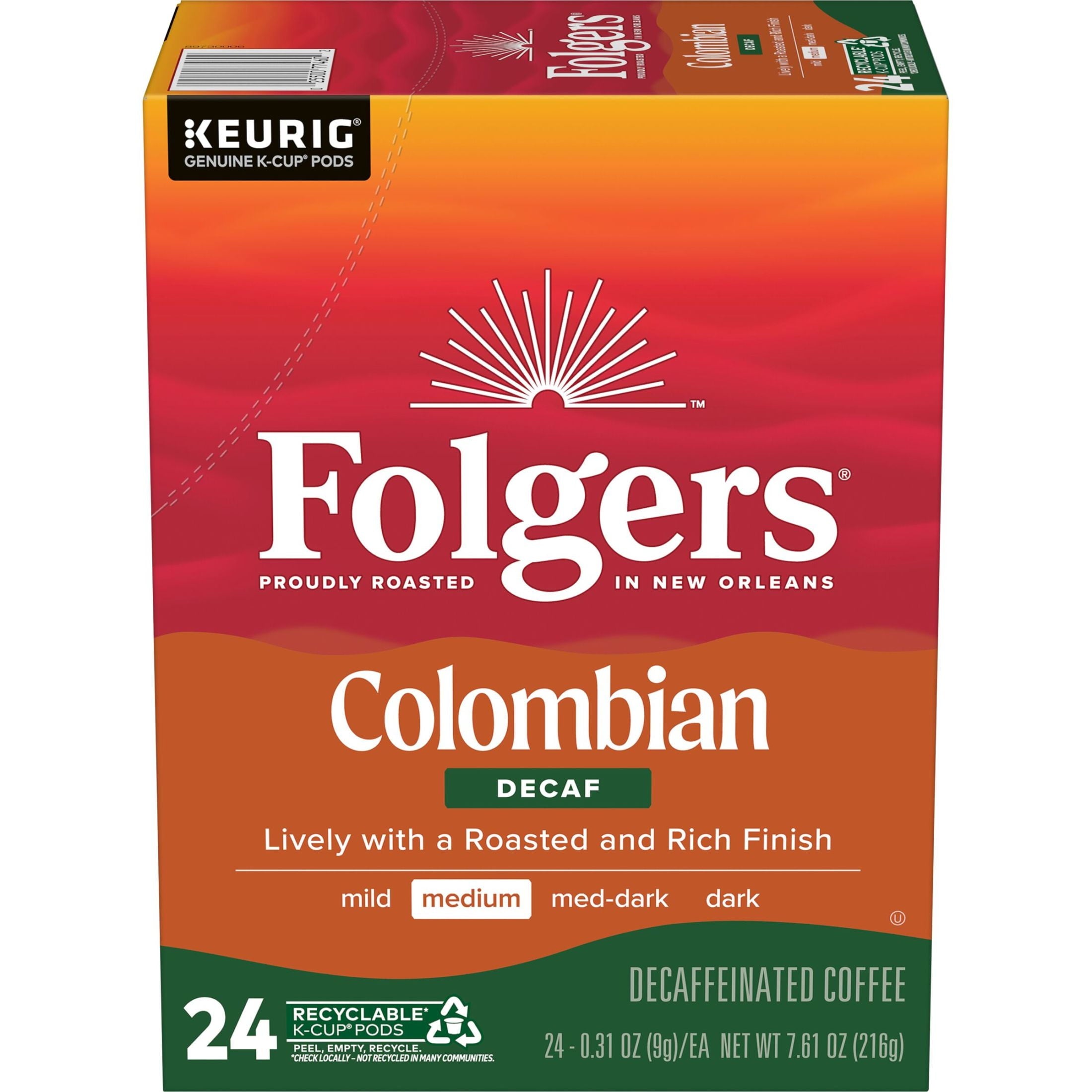Folgers Colombian Decaffeinated Coffee, Medium Roast, Keurig K Cup Brewers, 24 Count Box — coffee and drinks product