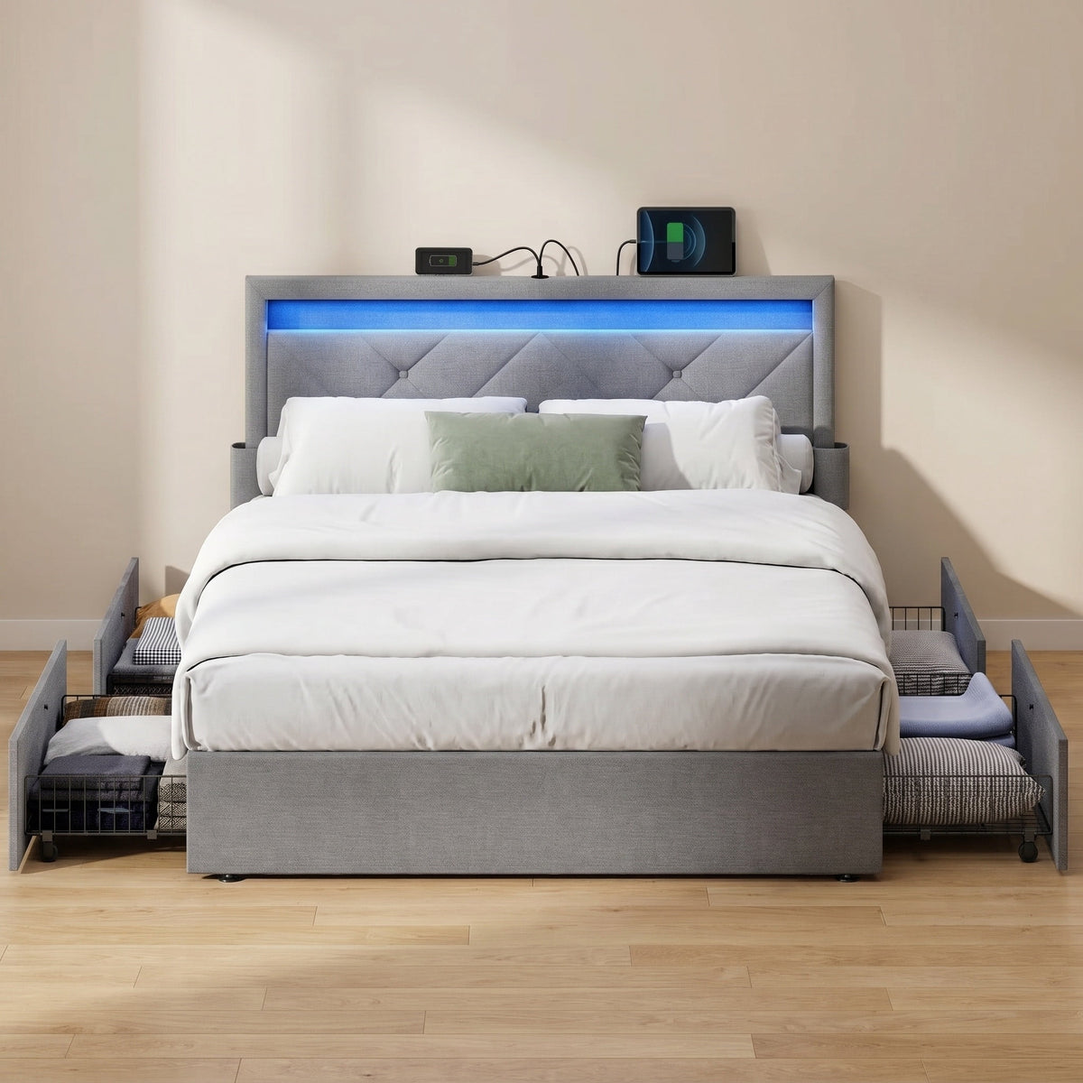 Full Size Light Gray Upholstered Platform Bed Frame with LED Headboard