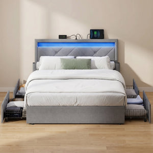 Full Size Light Gray Upholstered Platform Bed Frame with LED Headboard