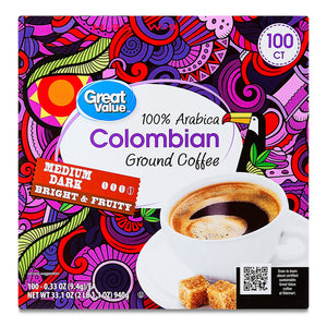 Great Value 100% Arabica Colombian Medium Dark Roast Ground Coffee Pods, 33.1 oz, 100 Count — coffee and drinks product