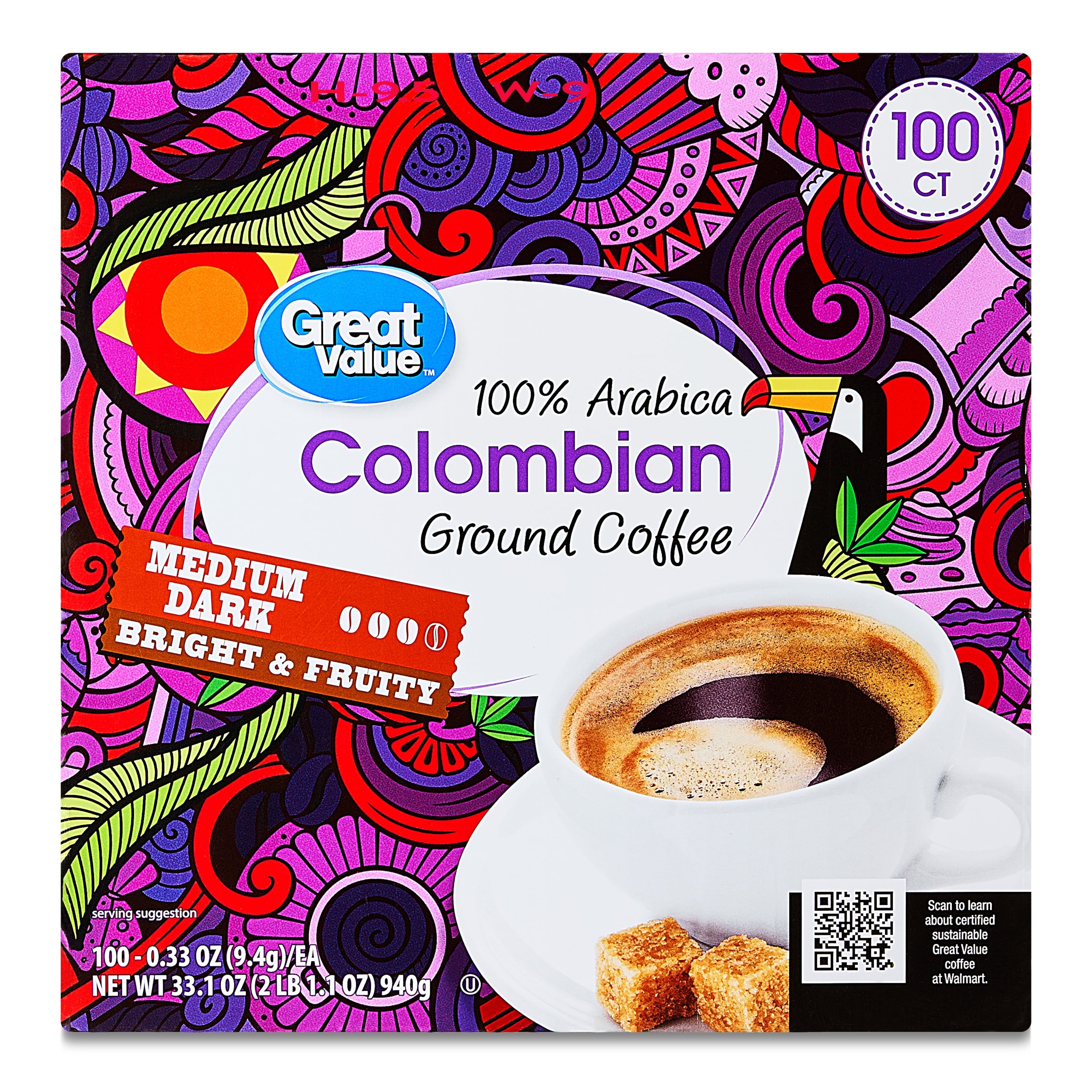 Great Value 100% Arabica Colombian Medium Dark Roast Ground Coffee Pods, 33.1 oz, 100 Count — coffee and drinks product